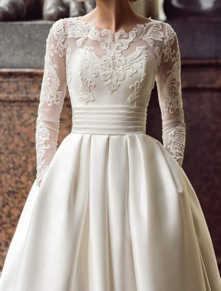 Regal Ball-Gown Illusion Long-Lace-Sheer-Back Floor-Length Wedding Dresses For Church Wedding