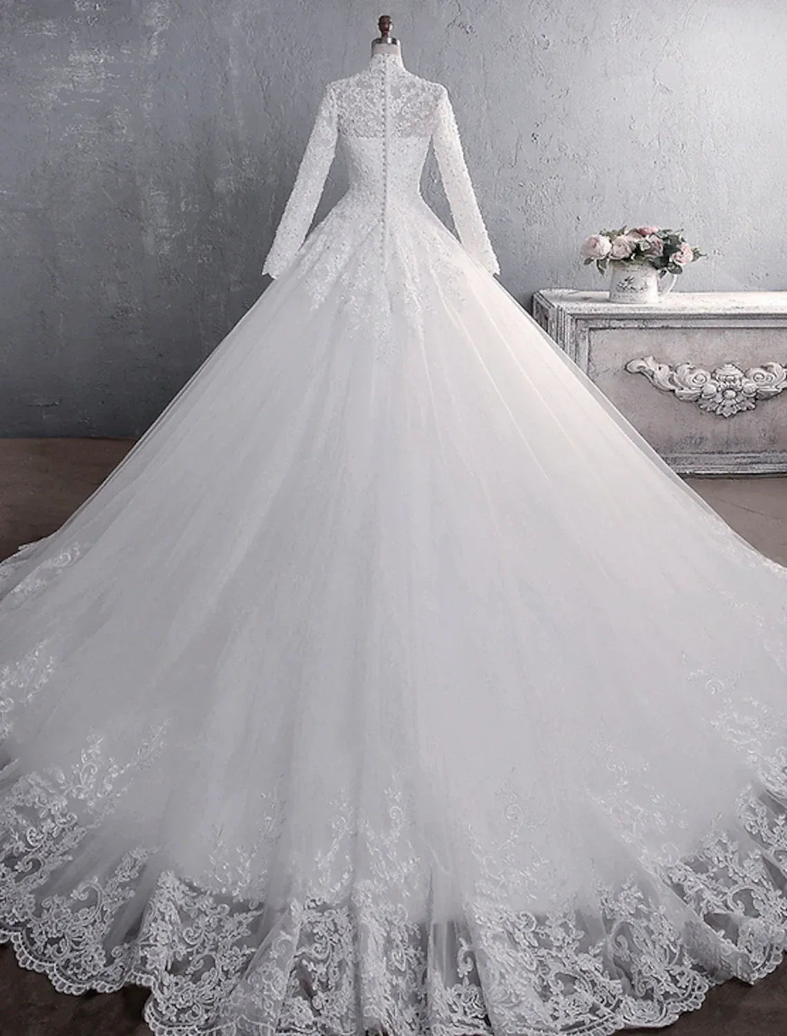 Regal Ballgown High Neck Long Beaded Lace Pearl Button Cathedral Train Wedding Dress