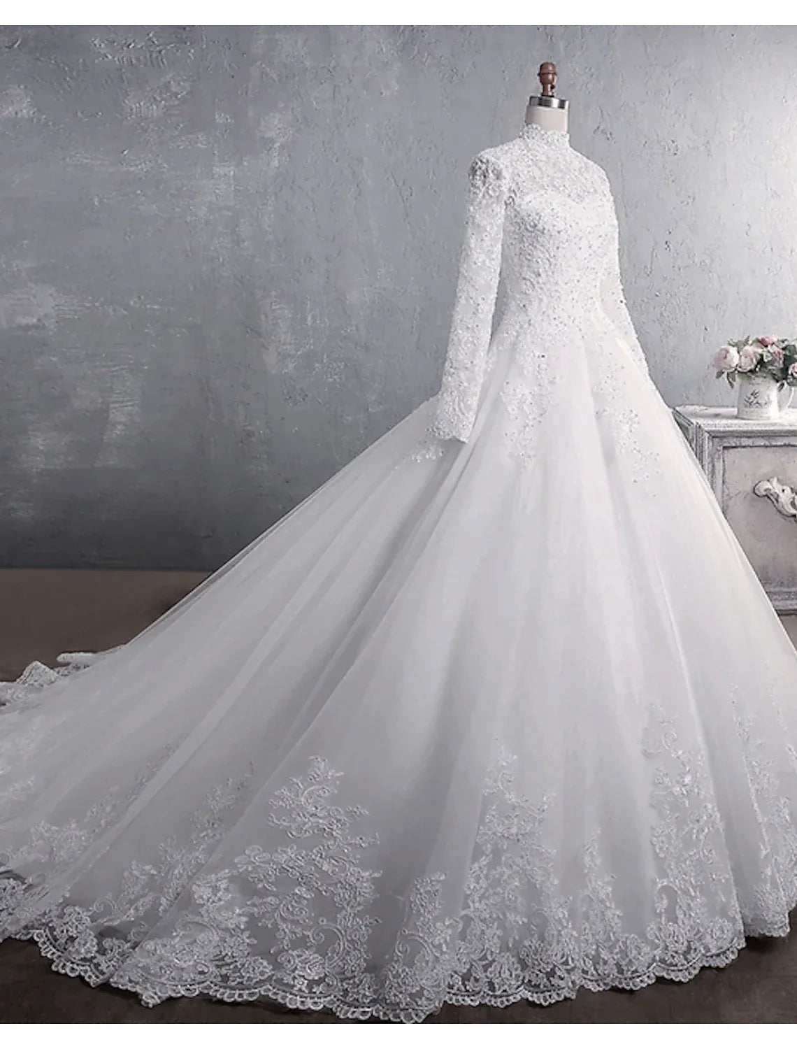 Regal Ballgown High Neck Long Beaded Lace Pearl Button Cathedral Train Wedding Dress