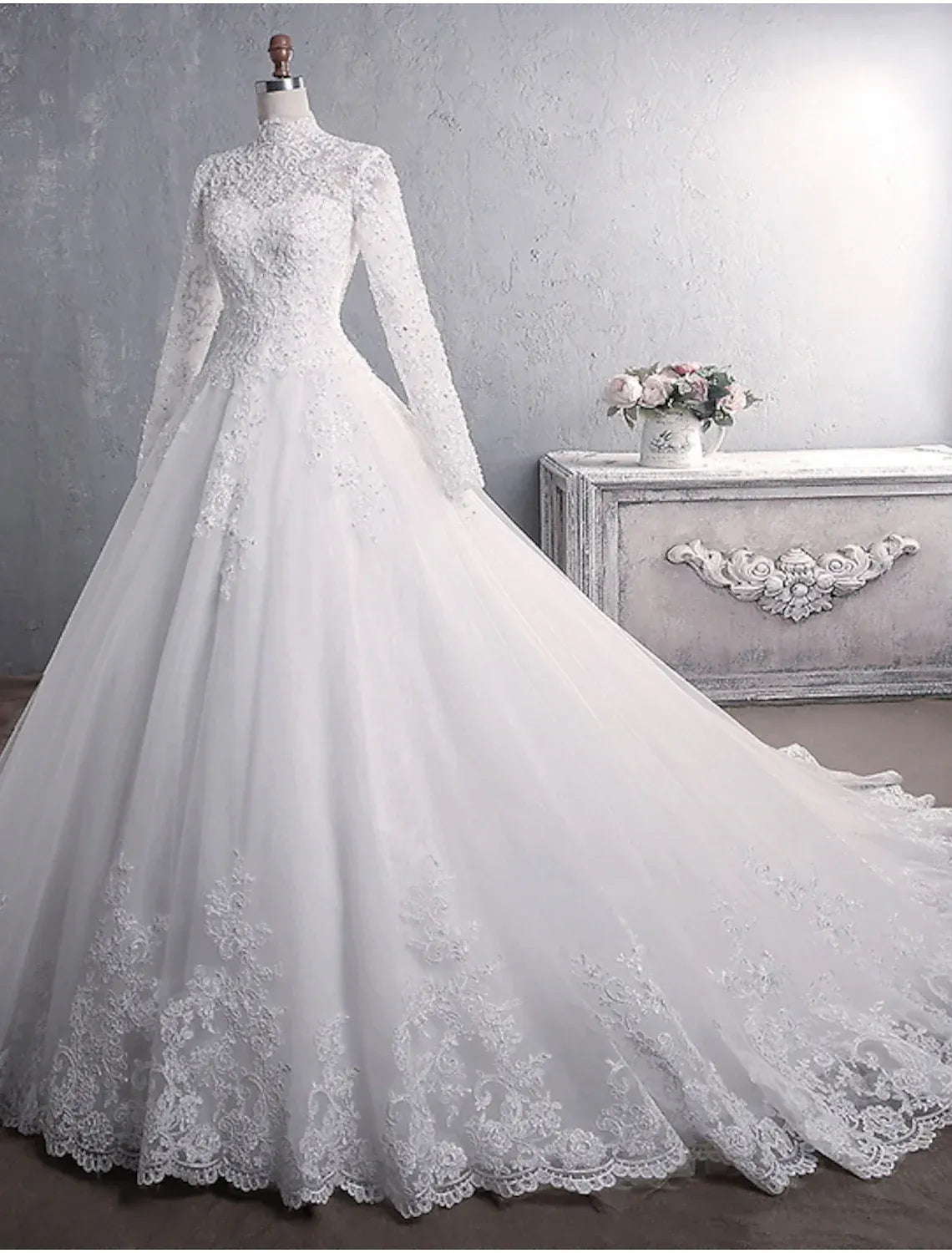 Regal Ballgown High Neck Long Beaded Lace Pearl Button Cathedral Train Wedding Dress
