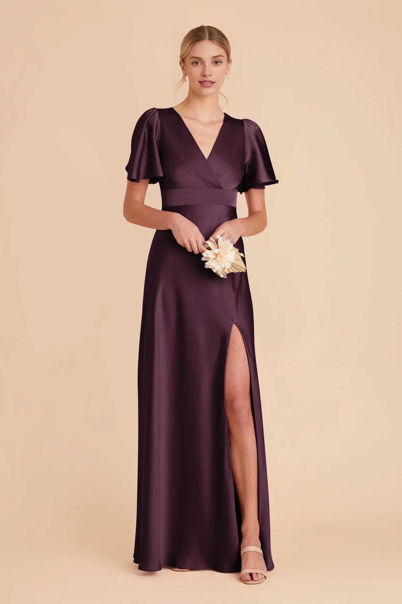 Regal Empire V-Neck Flutter Sleeve Straight Back Maxi Wedding Bridesmaid Dress