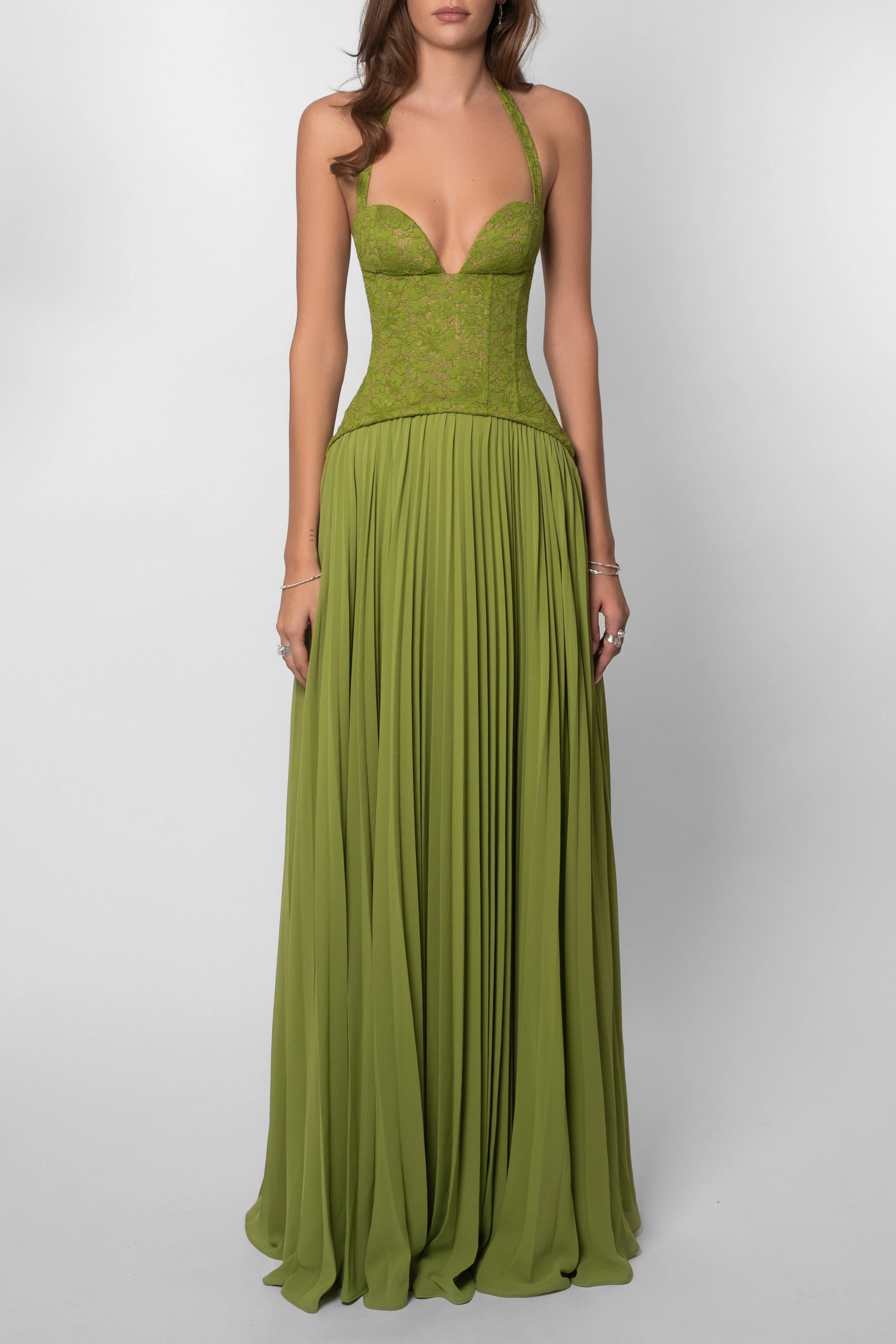 Regal Floor-Length Halter-Neck Lace-Bodice Pleated-Skirt Corset Wedding Guest Dress