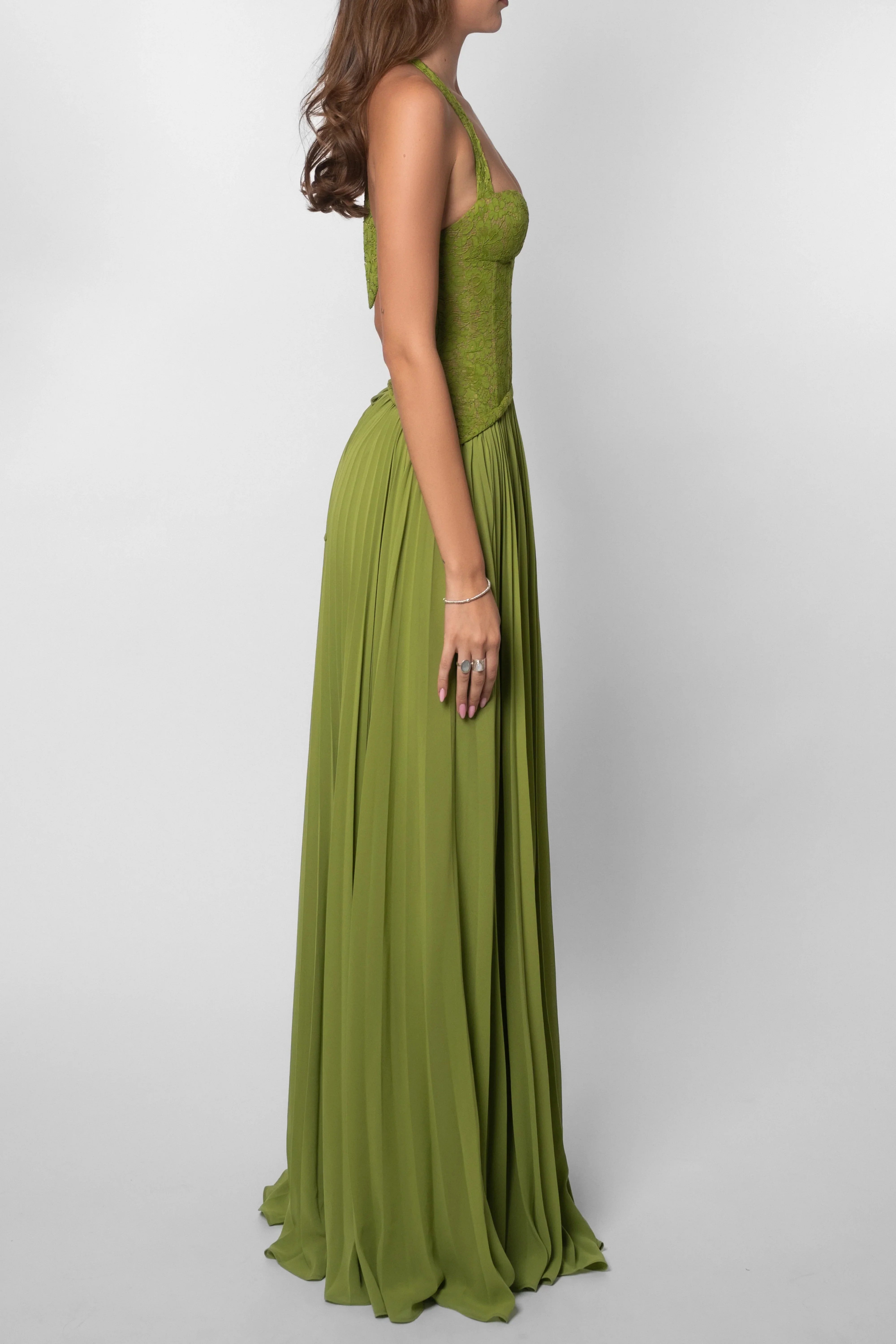 Regal Floor-Length Halter-Neck Lace-Bodice Pleated-Skirt Corset Wedding Guest Dress