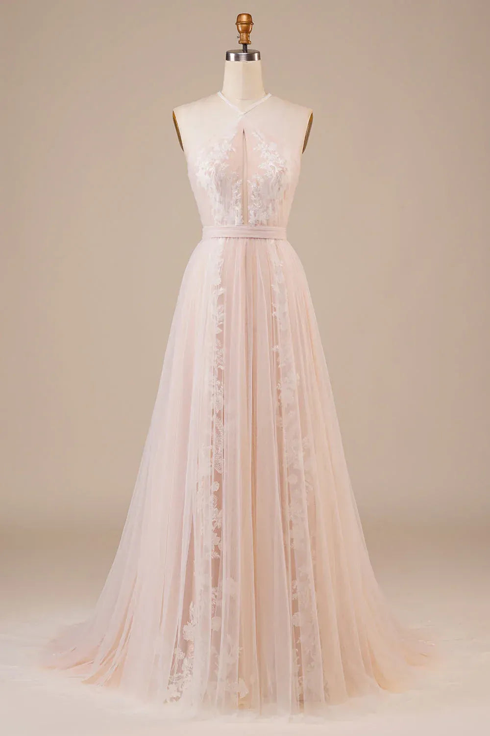 Regal Halter Keyhole Floral Applique Blush Tulle A-Line Evening Dress With Cutout Open Back Train