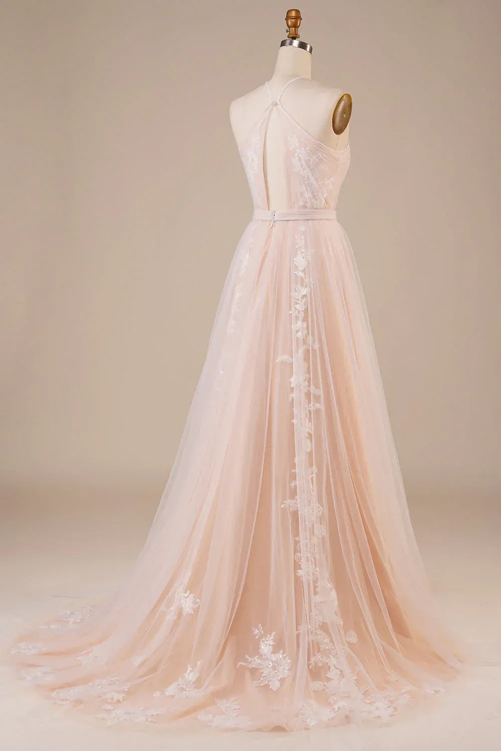 Regal Halter Keyhole Floral Applique Blush Tulle A-Line Evening Dress With Cutout Open Back Train