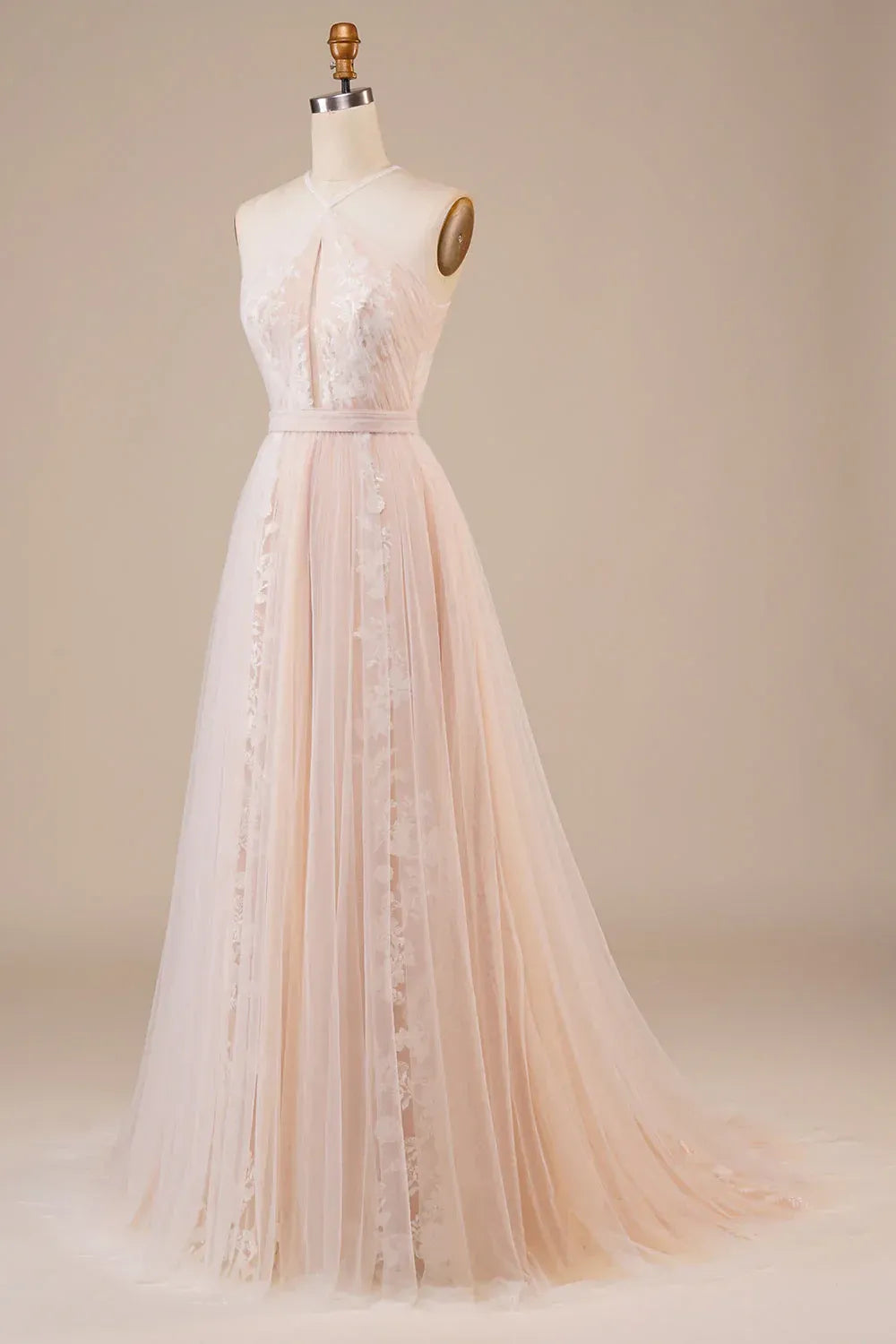 Regal Halter Keyhole Floral Applique Blush Tulle A-Line Evening Dress With Cutout Open Back Train