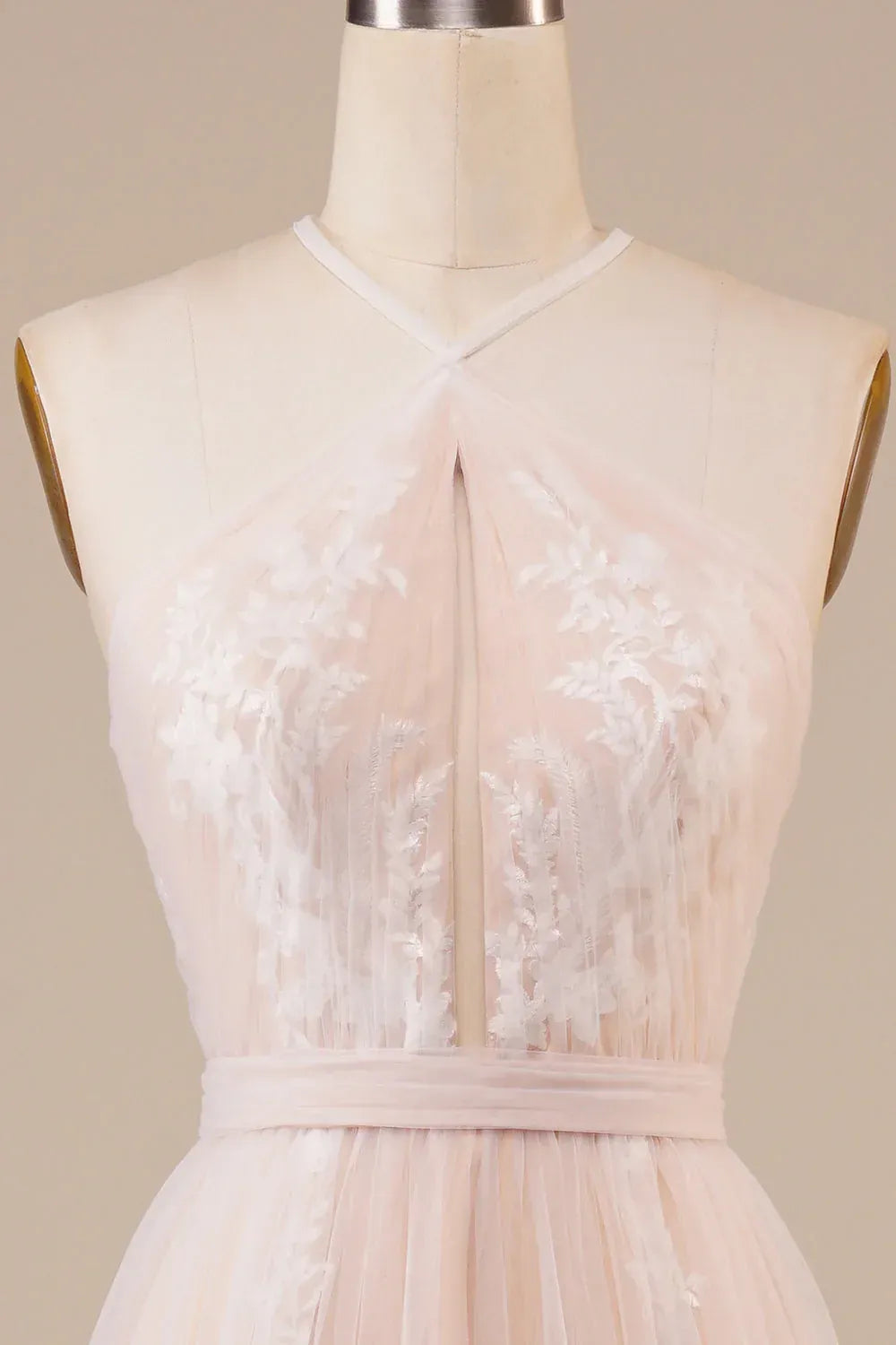 Regal Halter Keyhole Floral Applique Blush Tulle A-Line Evening Dress With Cutout Open Back Train