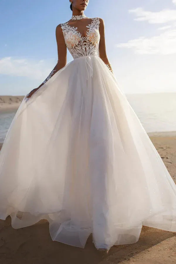 Regal High-Neck Sleeveless A-Line Floor-Length Wedding Dress