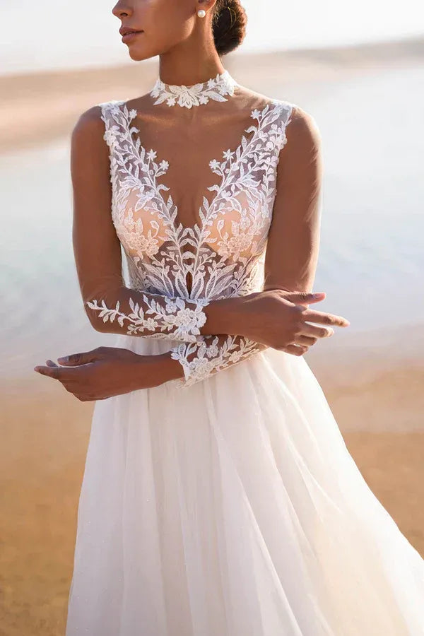 Regal High-Neck Sleeveless A-Line Floor-Length Wedding Dress