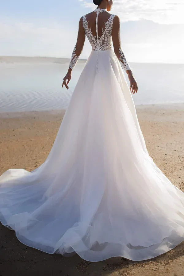 Regal High-Neck Sleeveless A-Line Floor-Length Wedding Dress