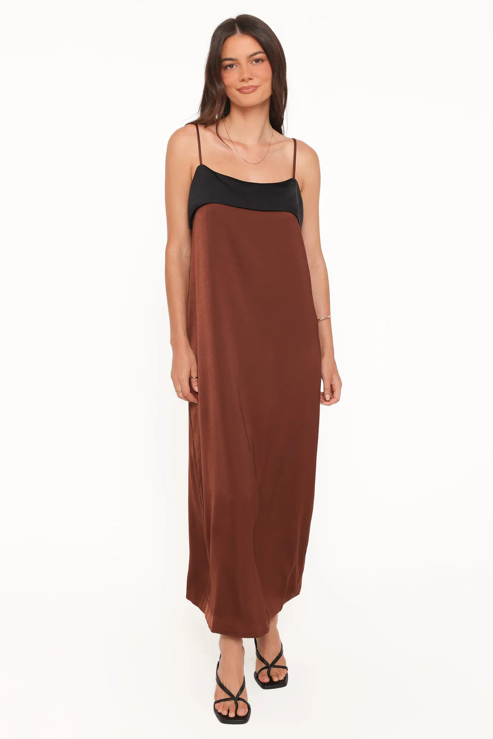 Relaxed Maxi Square-Neck Spaghetti-Strap Color-Block Wedding Guest Dress