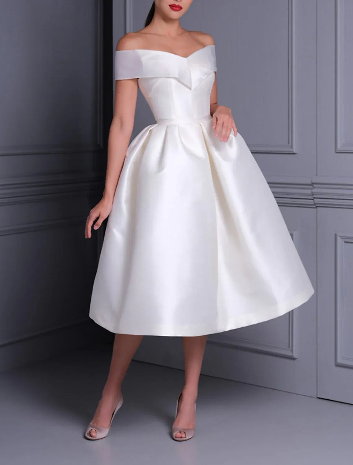 Retro Tea-Length Off Shoulder Bow Fold Satin A-Line Wedding Dress