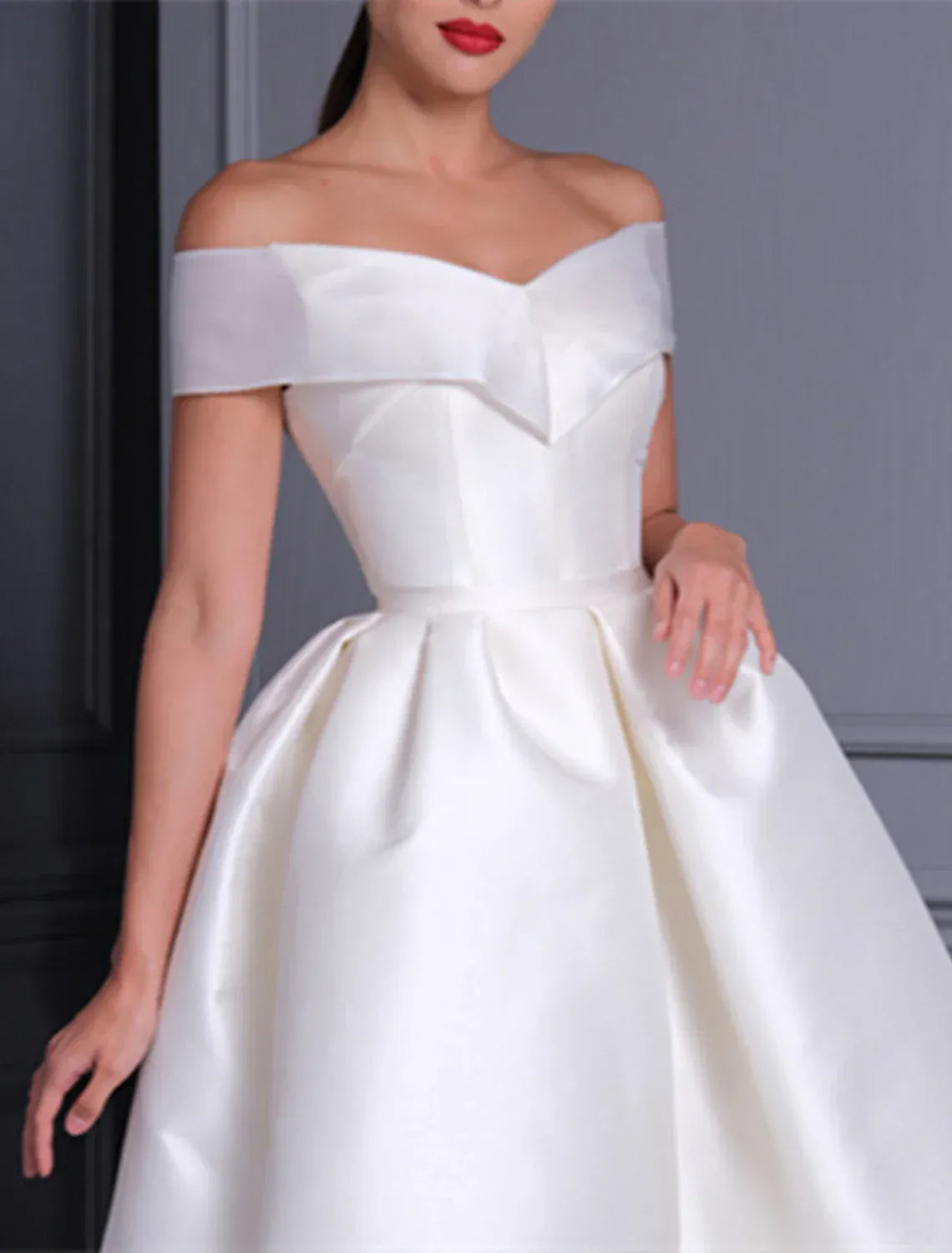 Retro Tea-Length Off Shoulder Bow Fold Satin A-Line Wedding Dress
