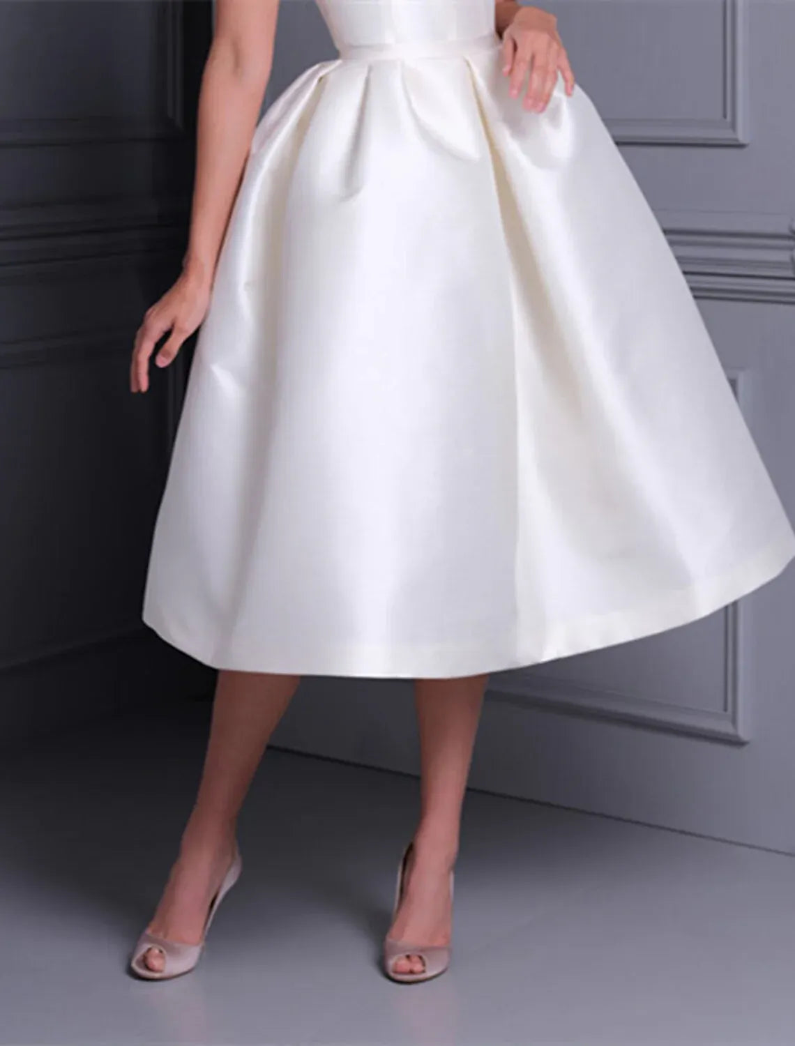 Retro Tea-Length Off Shoulder Bow Fold Satin A-Line Wedding Dress