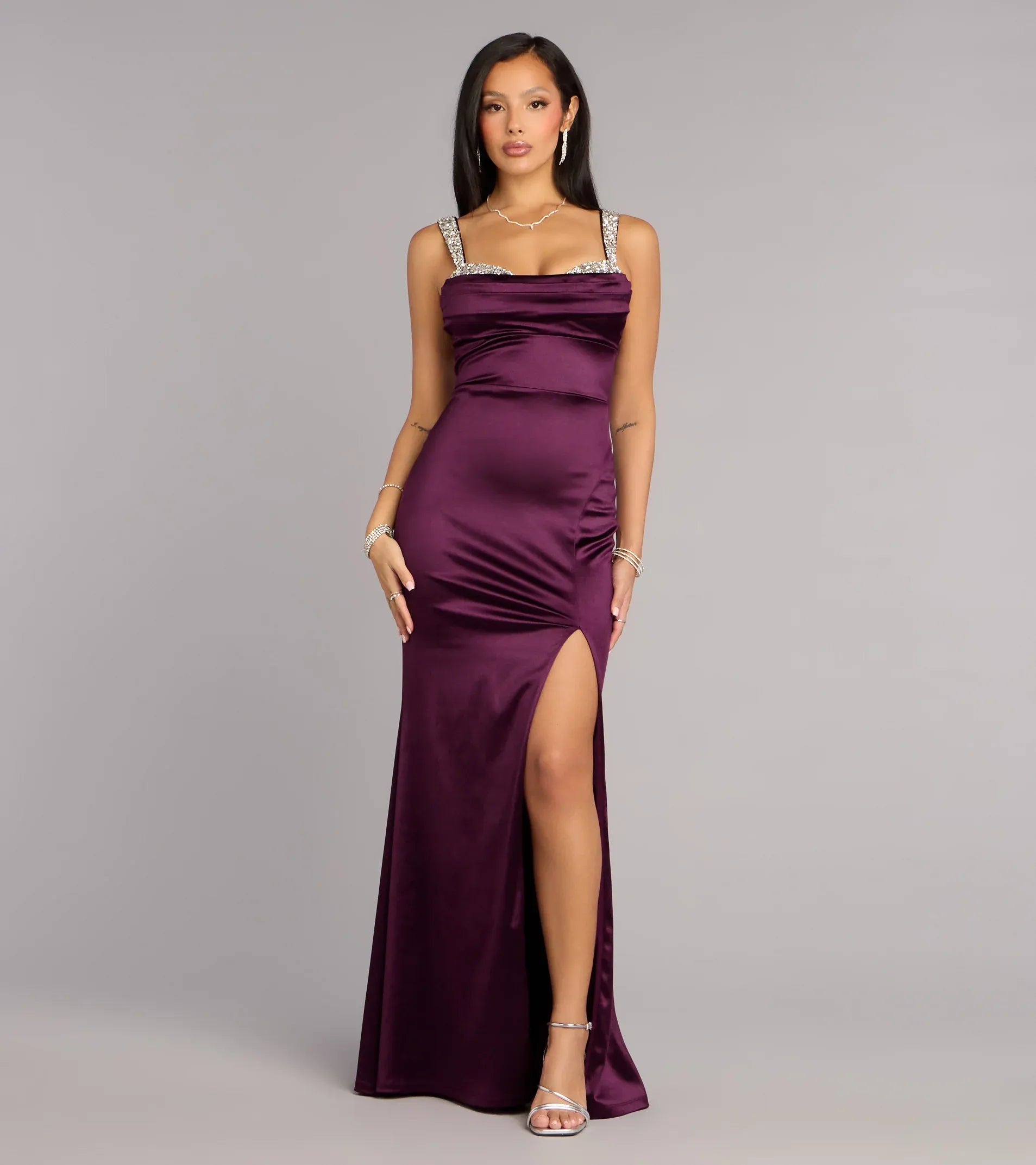 Rhinestone Spaghetti Straight Tube Side Ruched High Slit Satin Mermaid Maxi Wedding Guest Dress