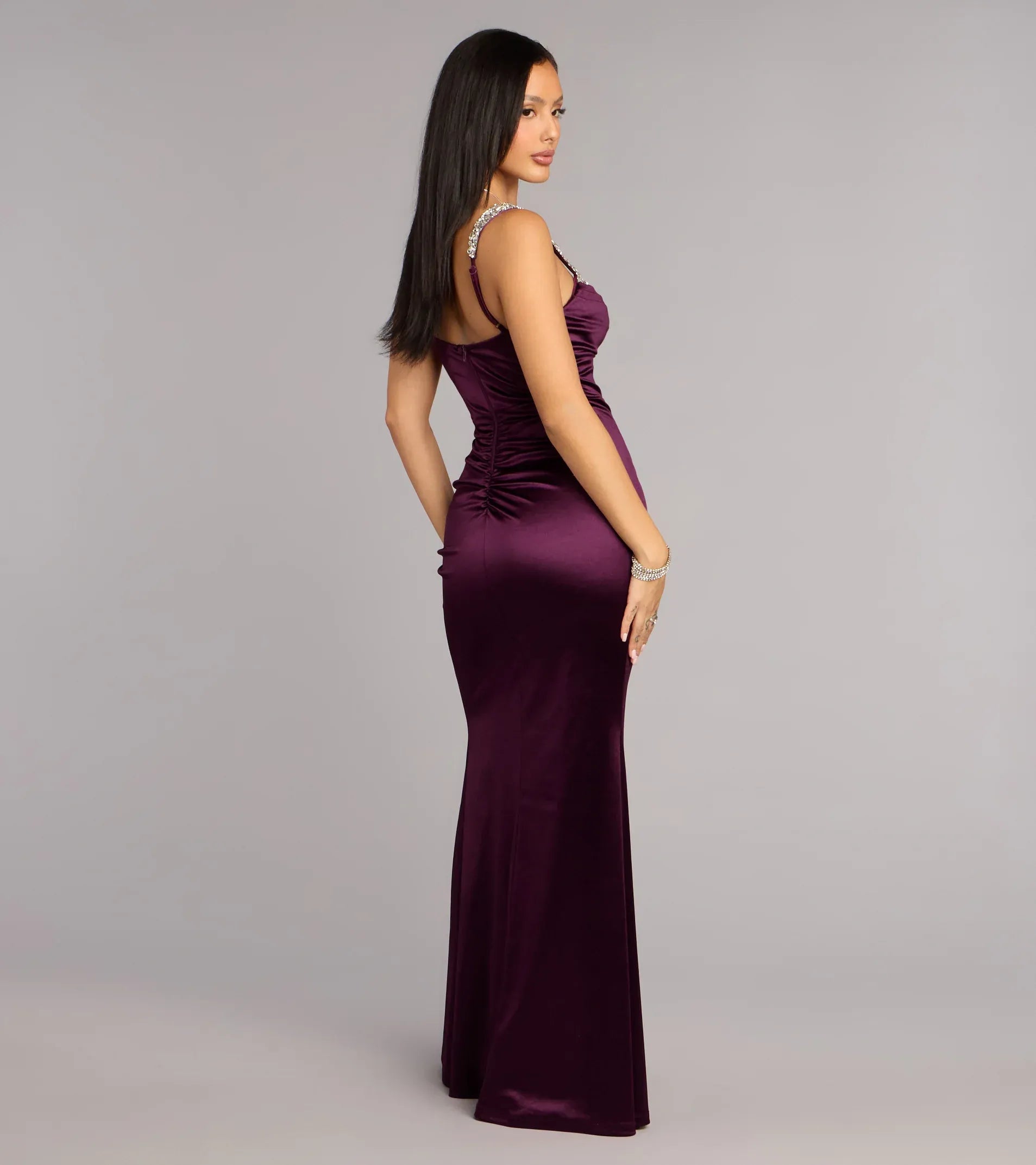 Rhinestone Spaghetti Straight Tube Side Ruched High Slit Satin Mermaid Maxi Wedding Guest Dress