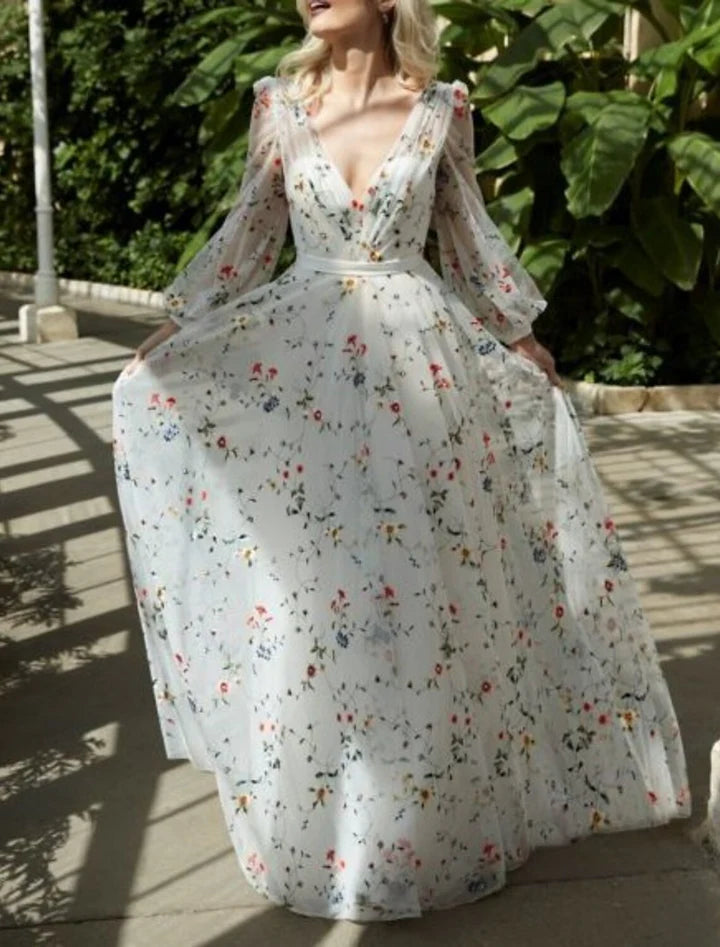 Romantic A-Line Deep-V Long-Sleeve Low-Back Court-Train Wedding Dresses For Garden Wedding