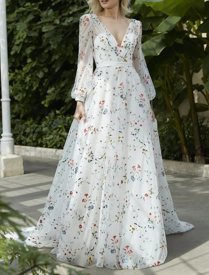 Romantic A-Line Deep-V Long-Sleeve Low-Back Court-Train Wedding Dresses For Garden Wedding