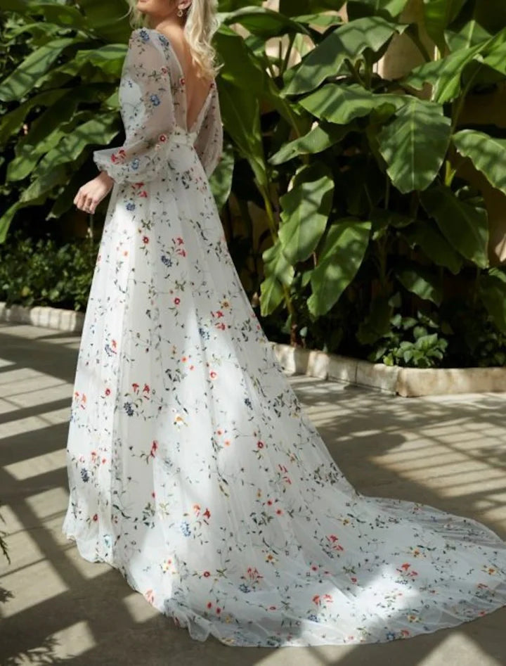 Romantic A-Line Deep-V Long-Sleeve Low-Back Court-Train Wedding Dresses For Garden Wedding