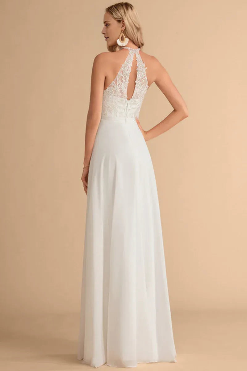Romantic A‑Line Halter‑Neck Keyhole‑Back Floral‑Lace Chiffon Floor‑Length Wedding Dresses For Garden & Outdoor Wedding