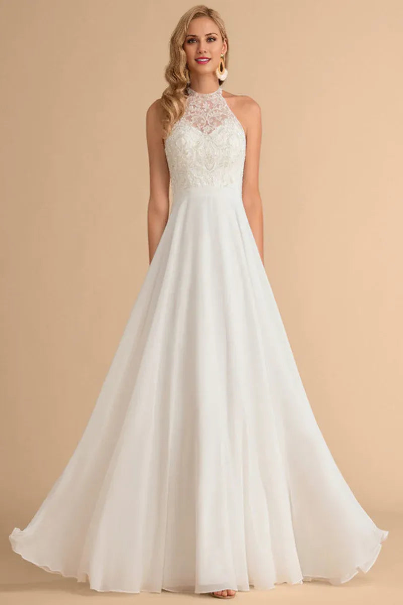 Romantic A‑Line Halter‑Neck Keyhole‑Back Floral‑Lace Chiffon Floor‑Length Wedding Dresses For Garden & Outdoor Wedding