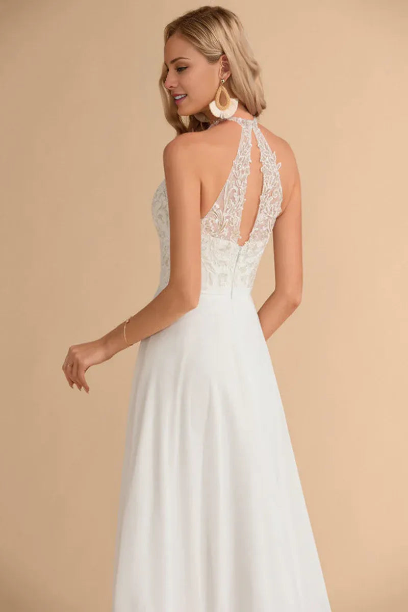 Romantic A‑Line Halter‑Neck Keyhole‑Back Floral‑Lace Chiffon Floor‑Length Wedding Dresses For Garden & Outdoor Wedding