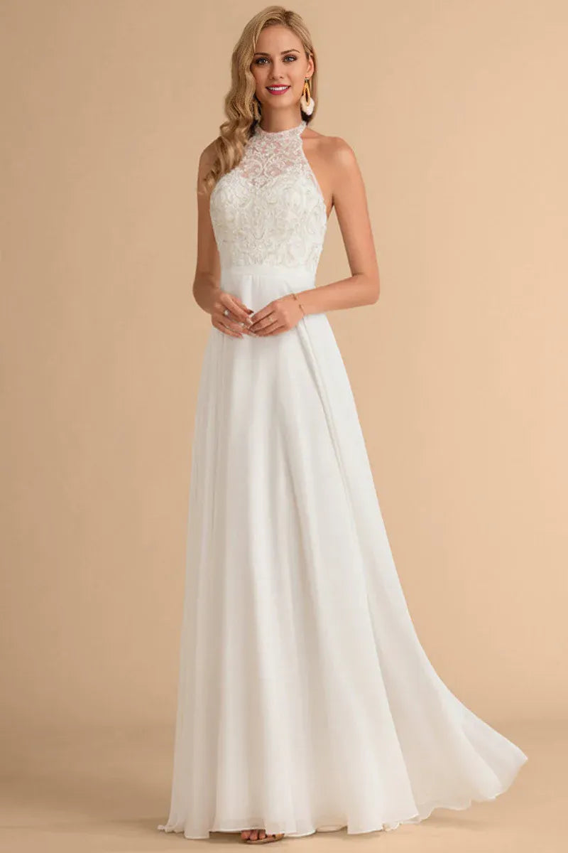 Romantic A‑Line Halter‑Neck Keyhole‑Back Floral‑Lace Chiffon Floor‑Length Wedding Dresses For Garden & Outdoor Wedding