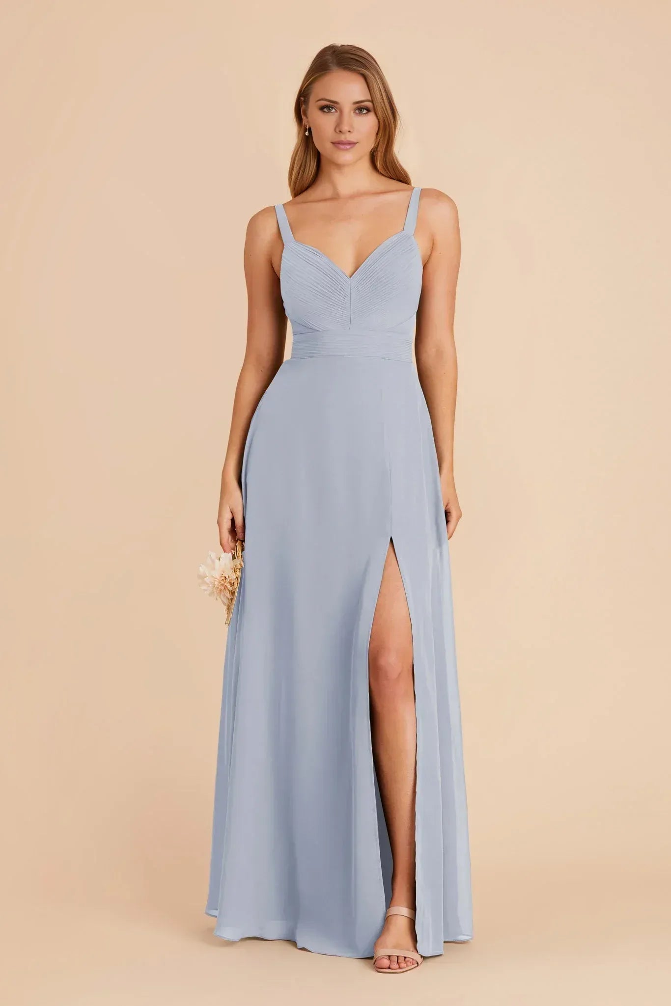 Romantic A Line Pleated V Neck Spaghetti Strap Plain Back Floor Length Wedding Bridesmaid Dress