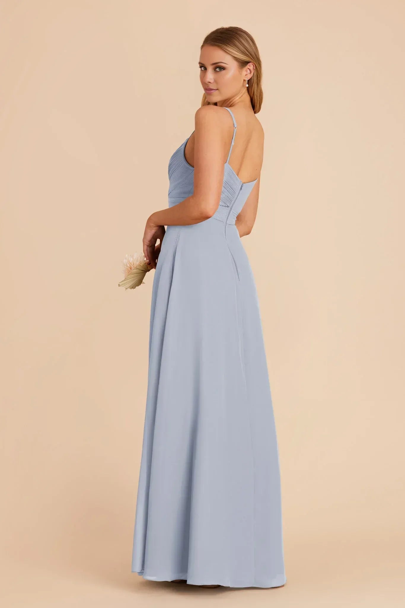 Romantic A Line Pleated V Neck Spaghetti Strap Plain Back Floor Length Wedding Bridesmaid Dress