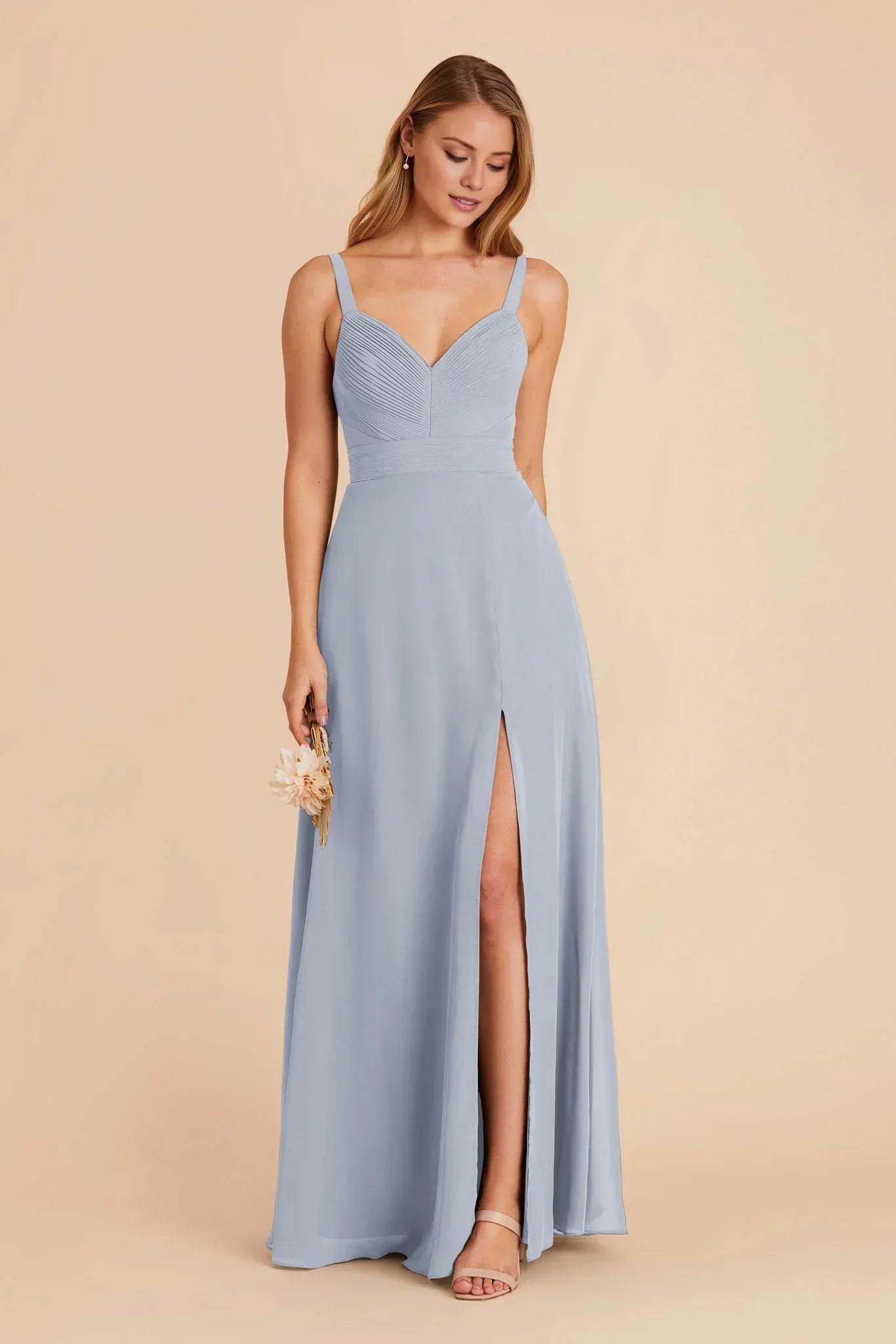 Romantic A Line Pleated V Neck Spaghetti Strap Plain Back Floor Length Wedding Bridesmaid Dress