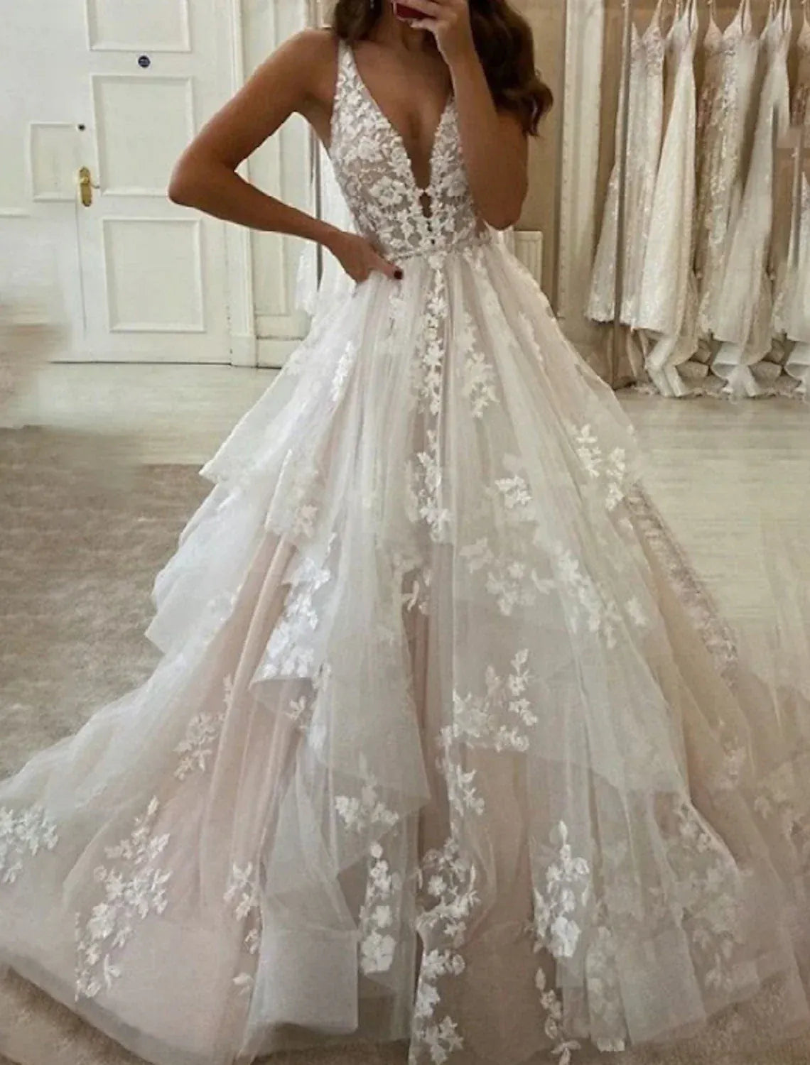 Romantic A-Line Spaghetti Strap Deep V Tiered Tulle Floral Lace Chapel Train Wedding Dress