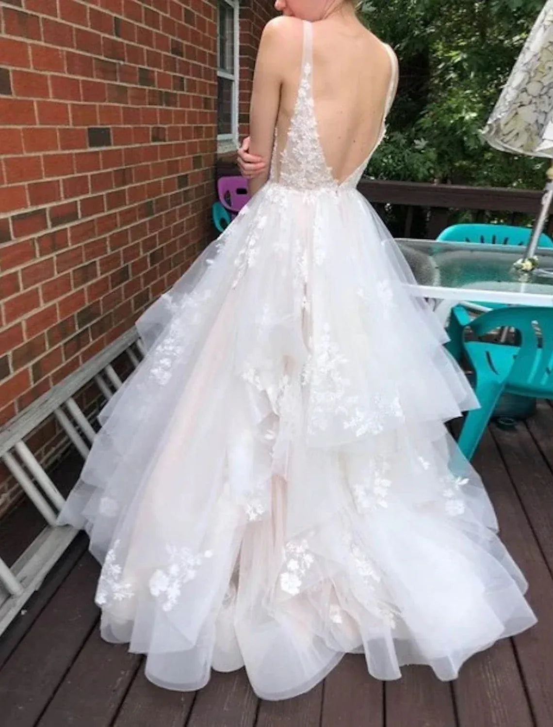 Romantic A-Line Spaghetti Strap Deep V Tiered Tulle Floral Lace Chapel Train Wedding Dress