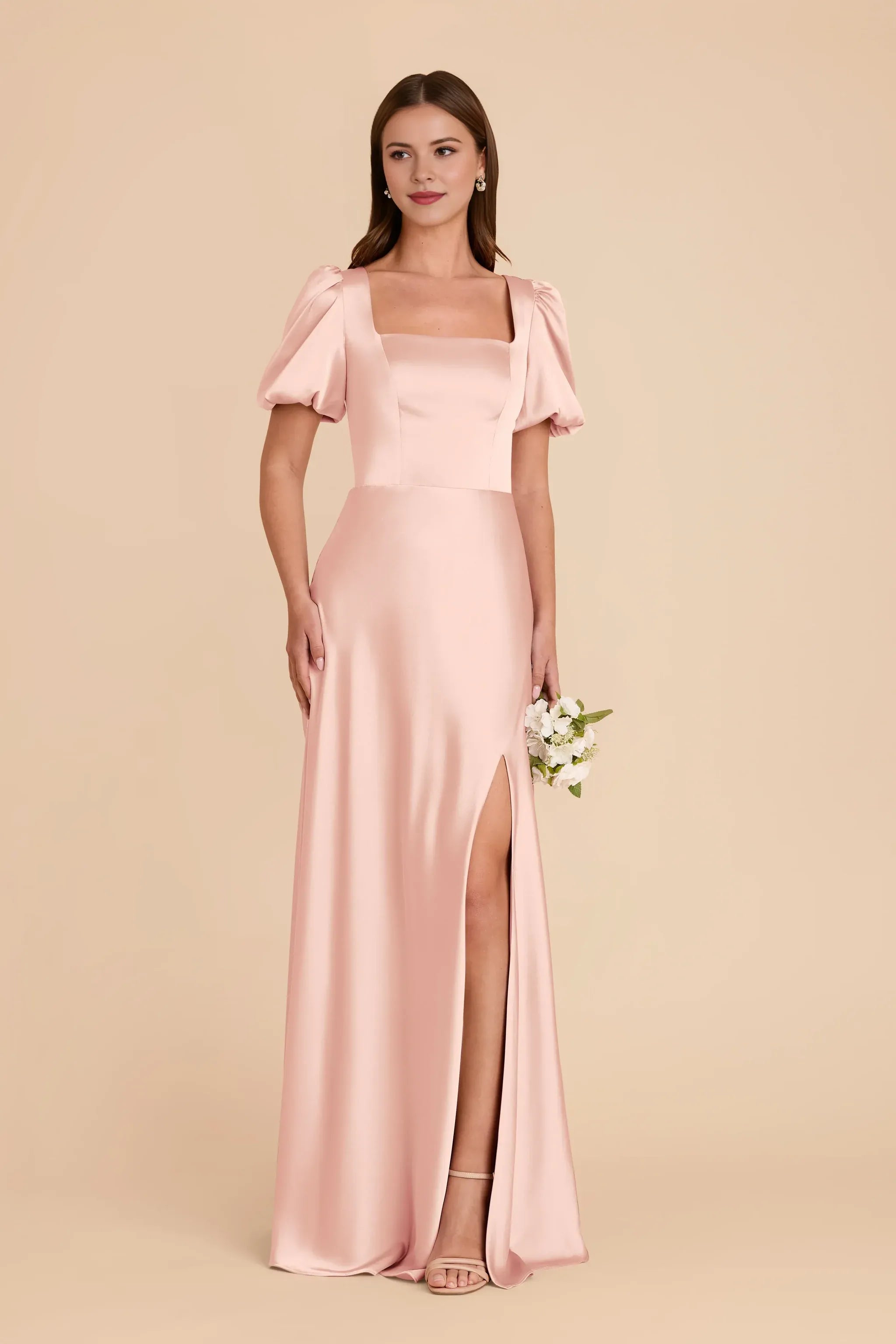 Romantic A Line Square Neck Puff Sleeve Tie Back Floor Length Wedding Bridesmaid Dress