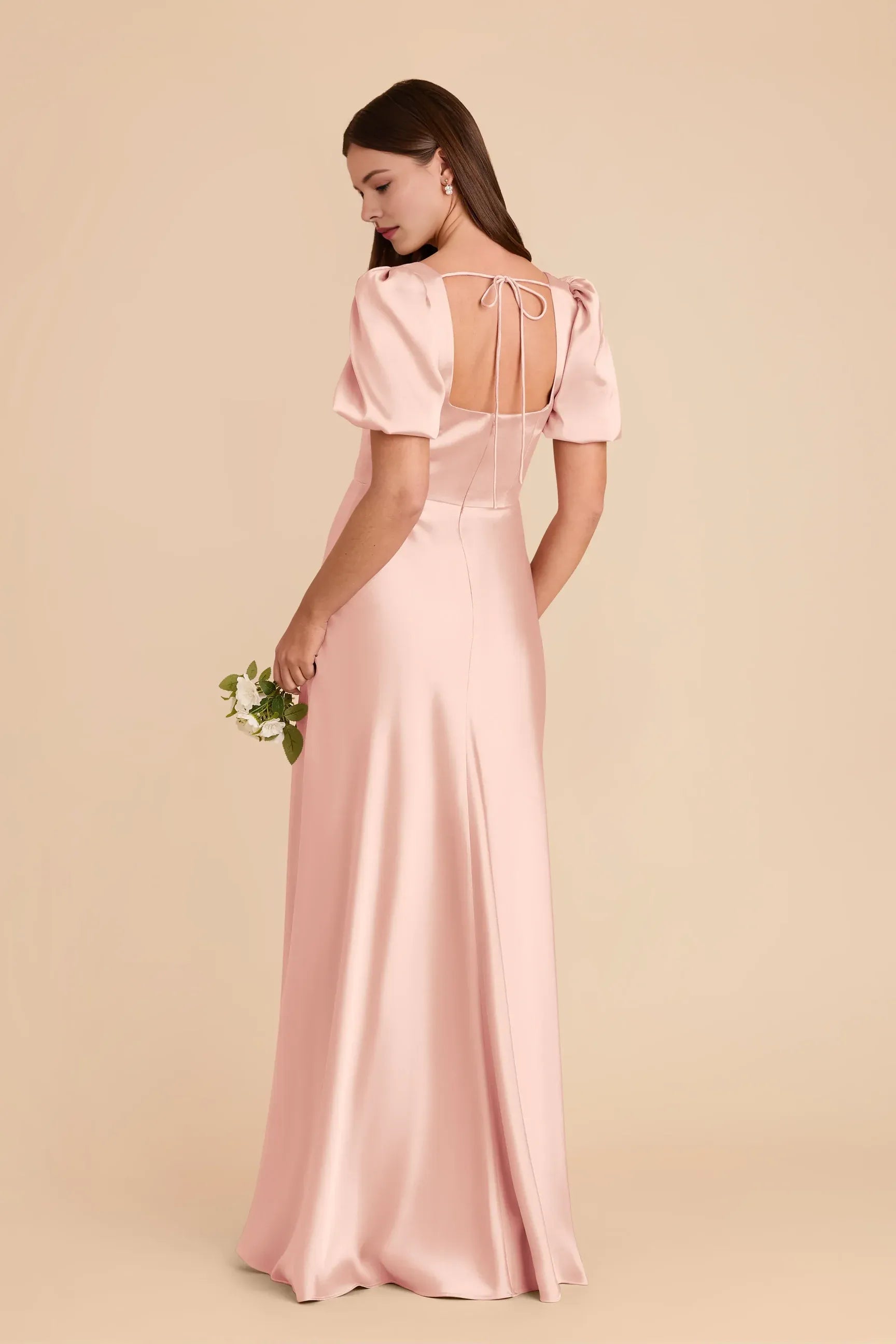 Romantic A Line Square Neck Puff Sleeve Tie Back Floor Length Wedding Bridesmaid Dress