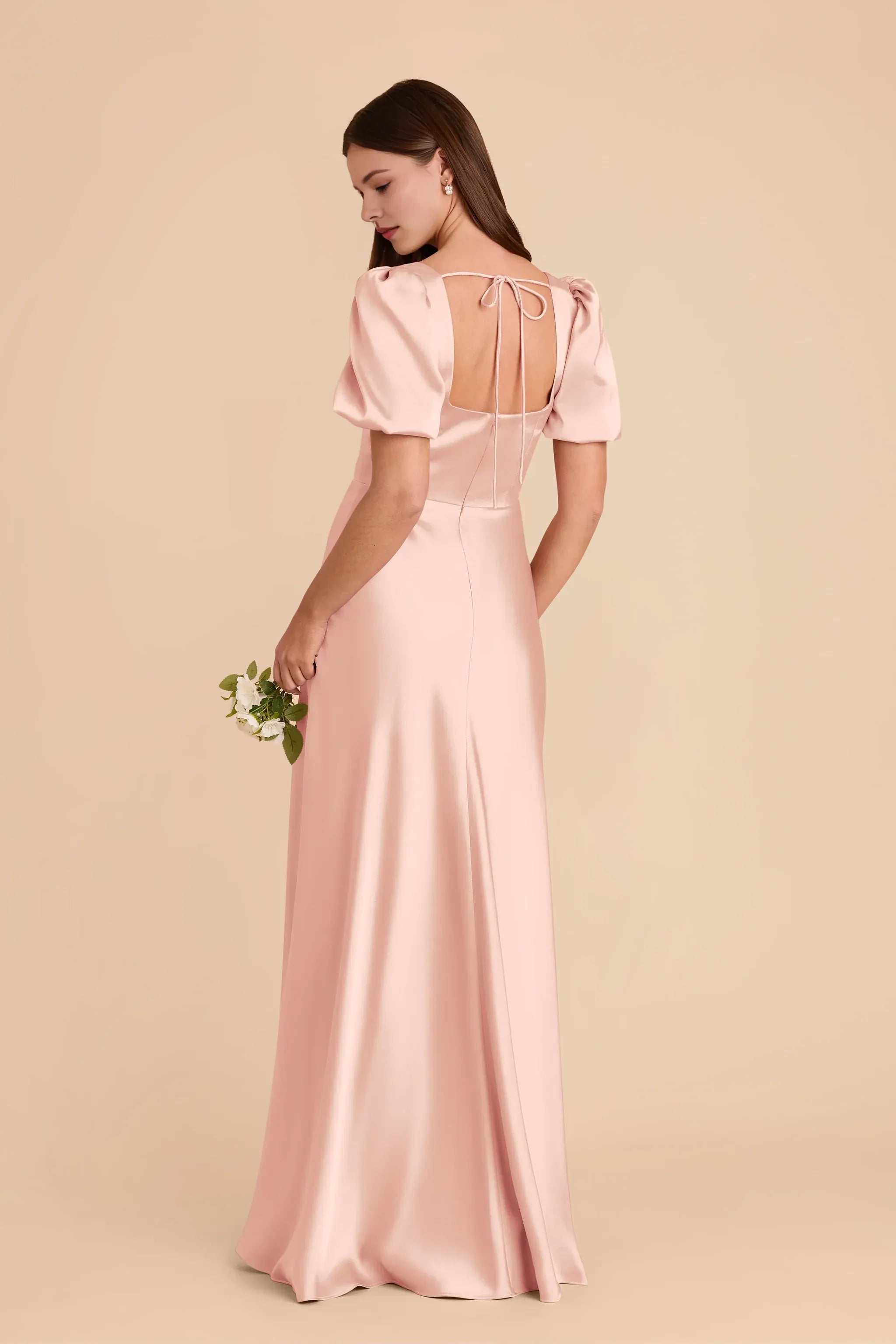 Romantic A Line Square Neck Puff Sleeve Tie Back Floor Length Wedding Bridesmaid Dress
