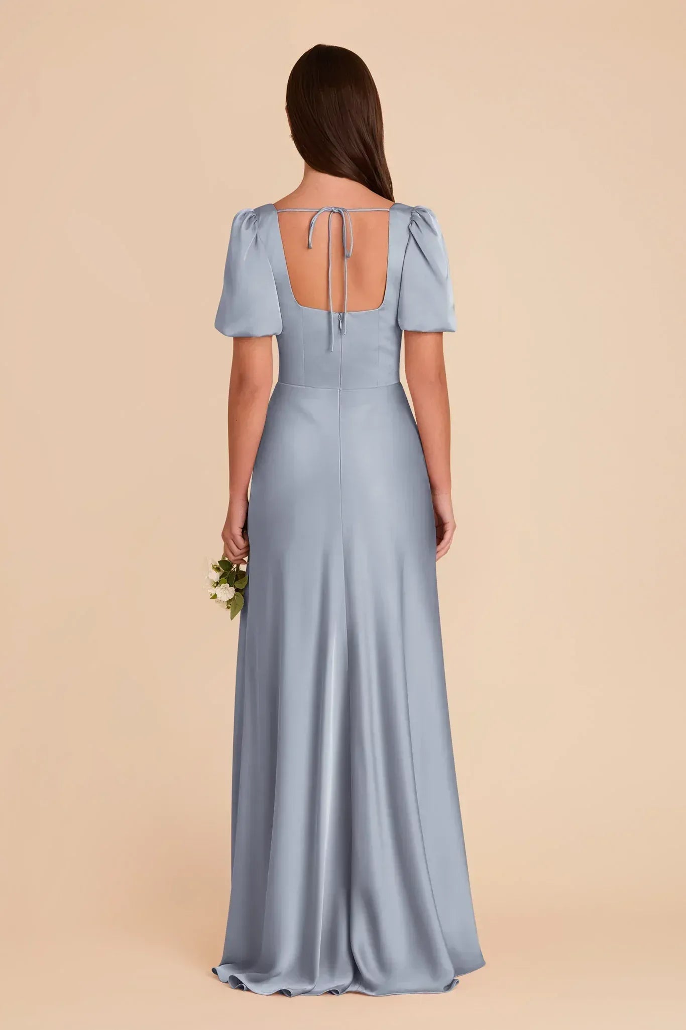 Romantic A-Line Square Neck Puff Sleeve Tie Back Maxi Wedding Bridesmaid Dress