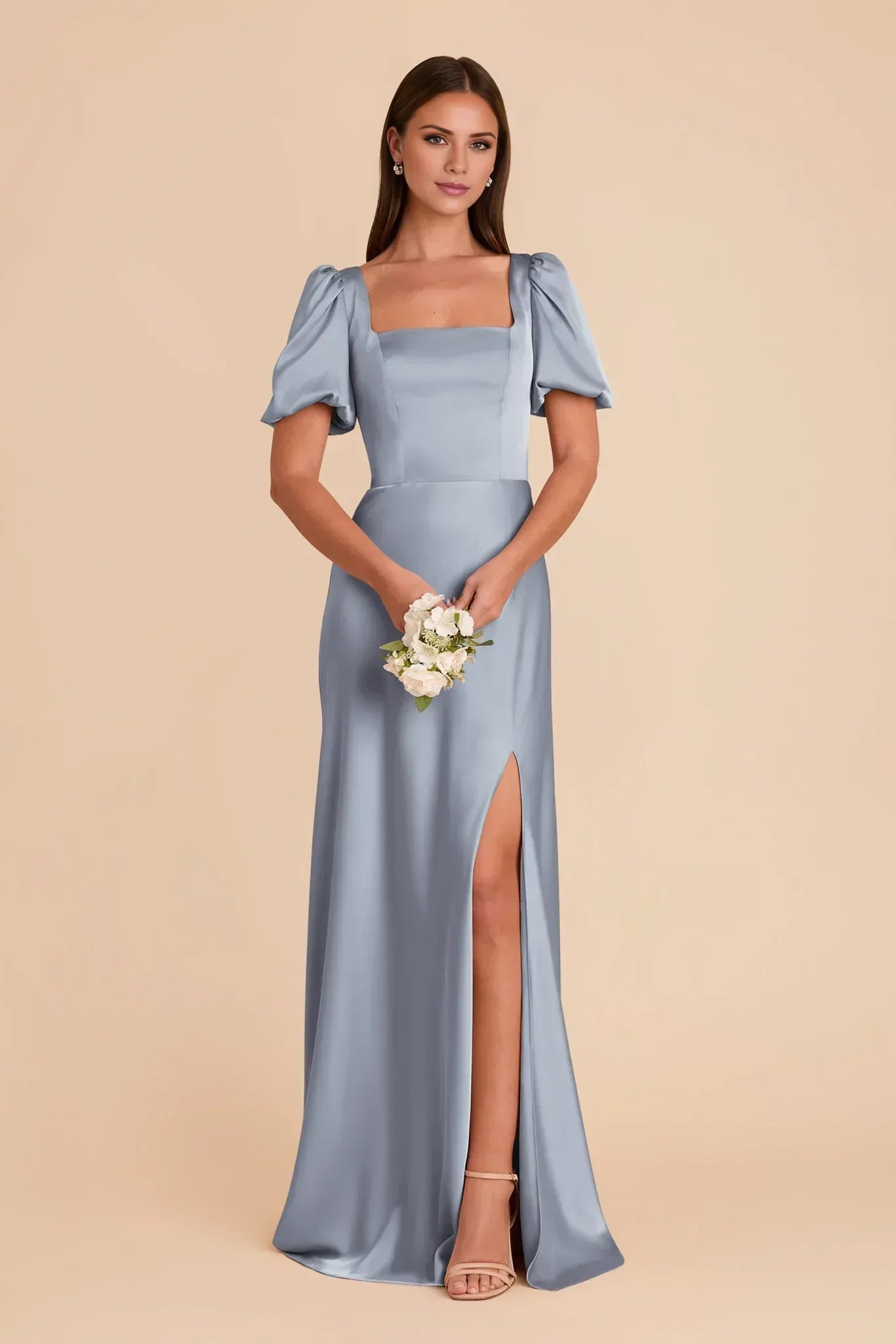 Romantic A-Line Square Neck Puff Sleeve Tie Back Maxi Wedding Bridesmaid Dress
