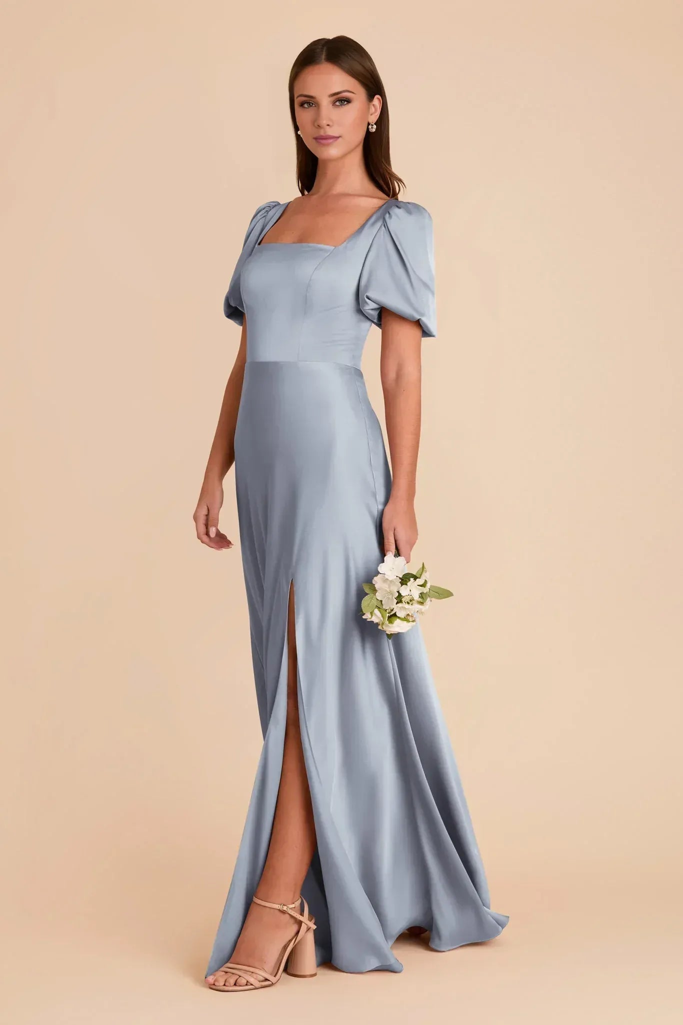 Romantic A-Line Square Neck Puff Sleeve Tie Back Maxi Wedding Bridesmaid Dress