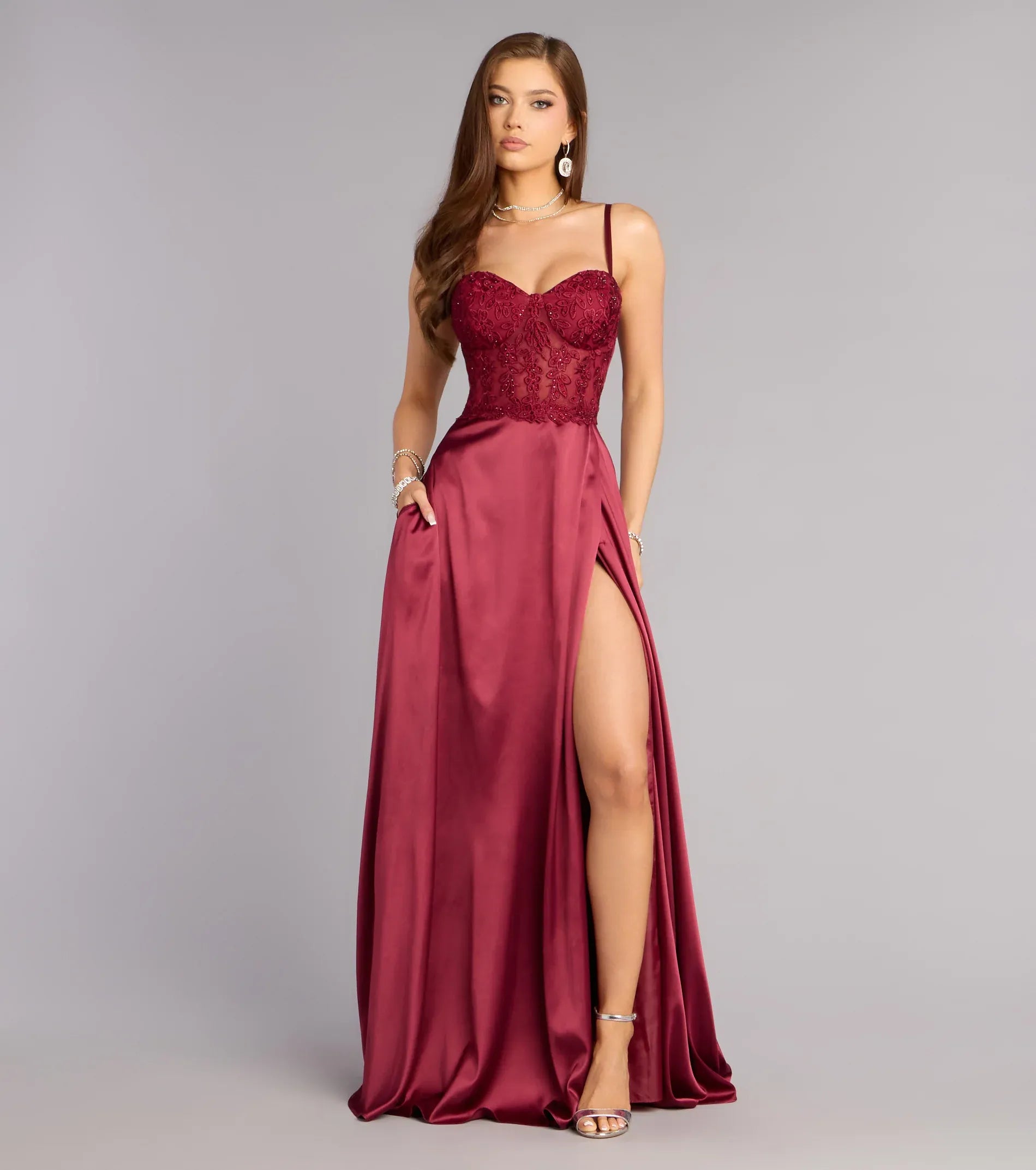 Romantic A-Line Sweetheart Spaghetti Zip-Back Slit Pocket Maxi Bridesmaid Dress