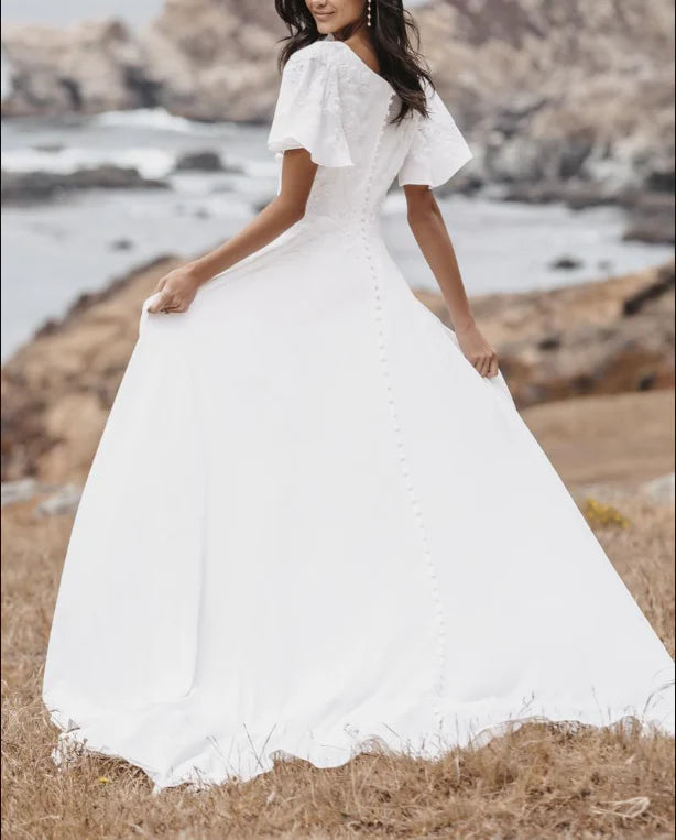 Romantic A-Line V-Neck Flutter-Sleeve Button-Back Floor-Length Wedding Dresses For Beach Wedding