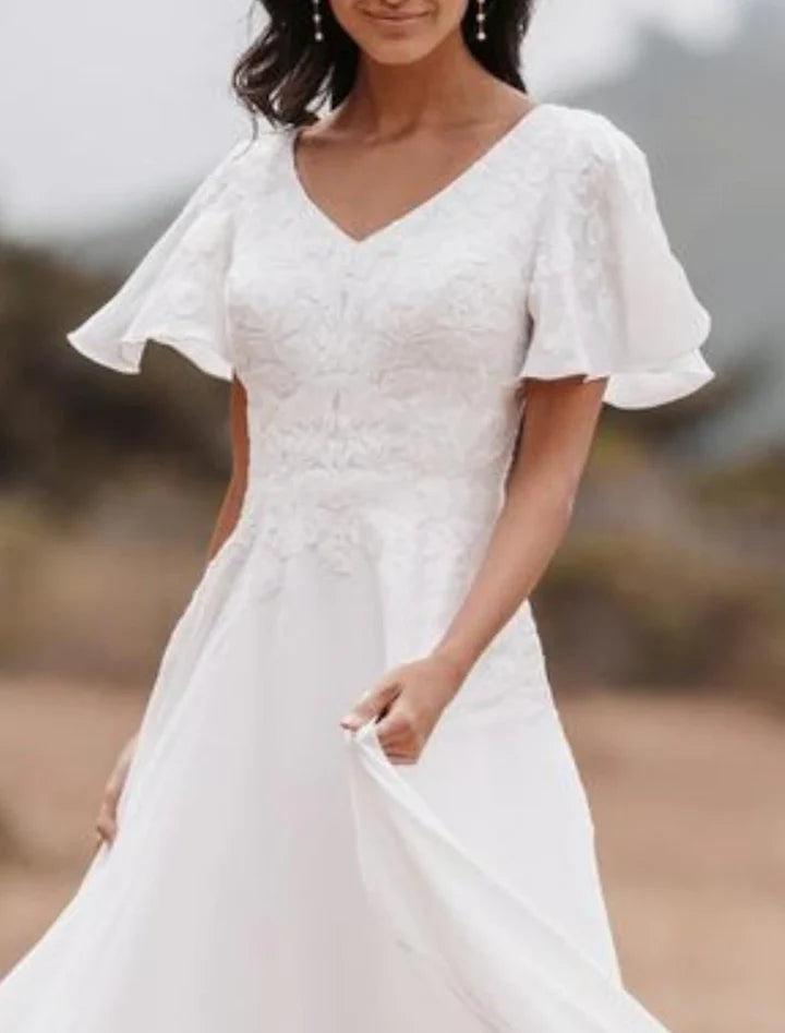 Romantic A-Line V-Neck Flutter-Sleeve Button-Back Floor-Length Wedding Dresses For Beach Wedding