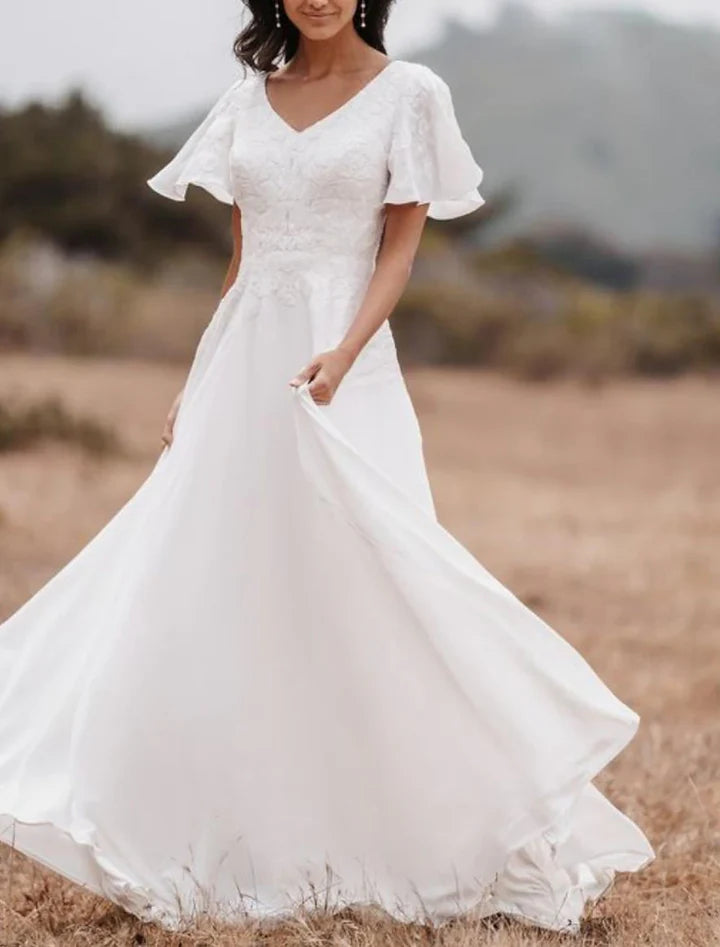 Romantic A-Line V-Neck Flutter-Sleeve Button-Back Floor-Length Wedding Dresses For Beach Wedding