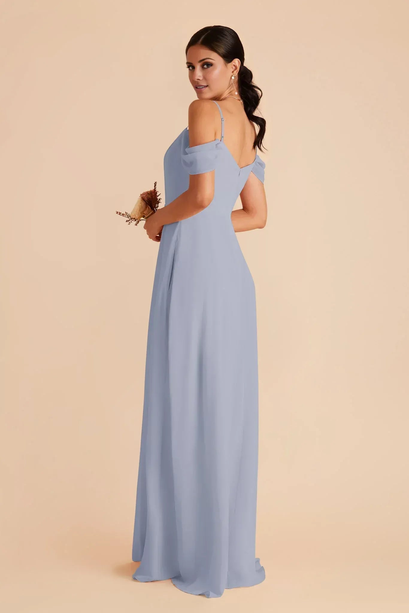 Romantic A Line V Neck Off Shoulder Thin Strap V Back Floor Length Wedding Bridesmaid Dress