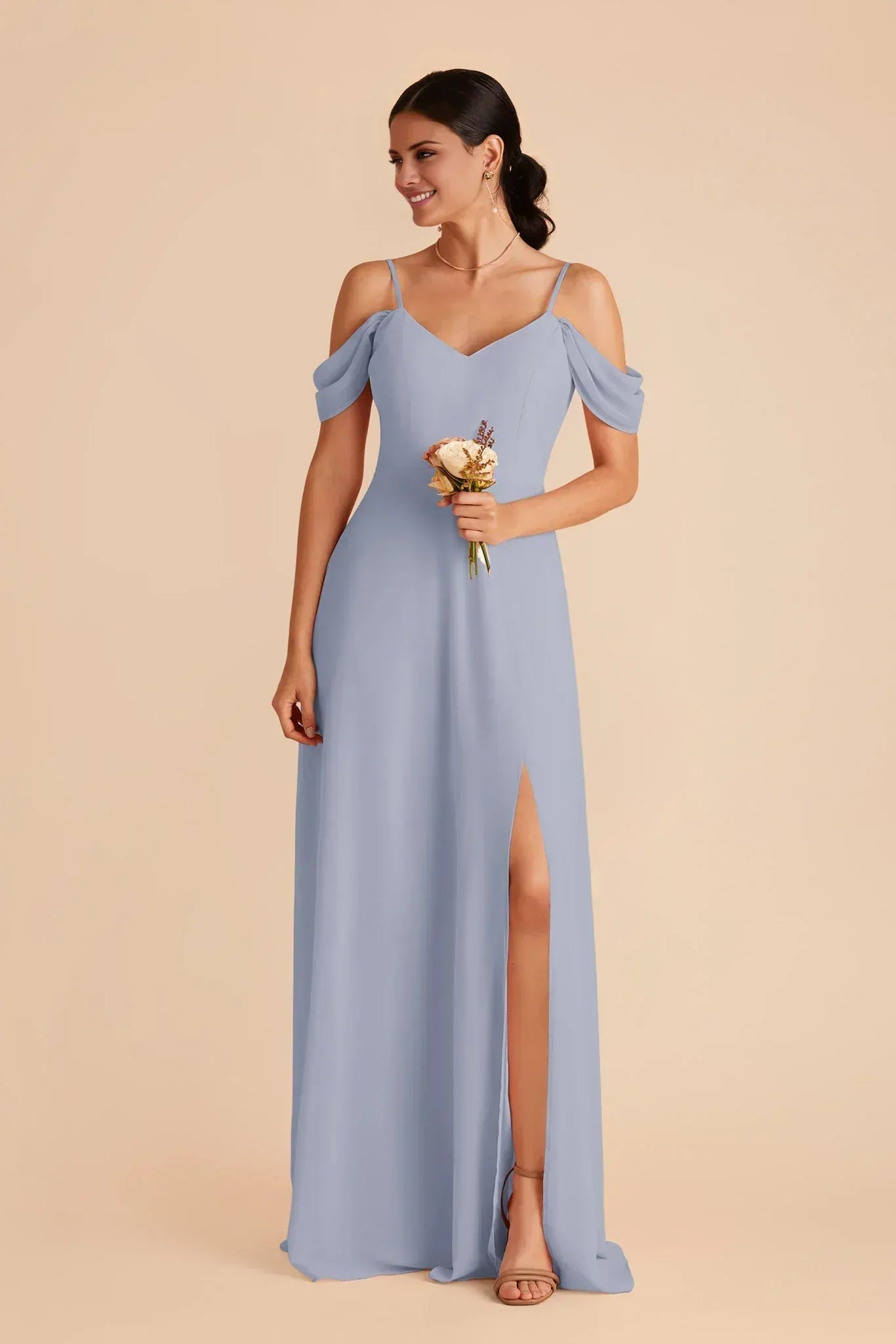 Romantic A Line V Neck Off Shoulder Thin Strap V Back Floor Length Wedding Bridesmaid Dress