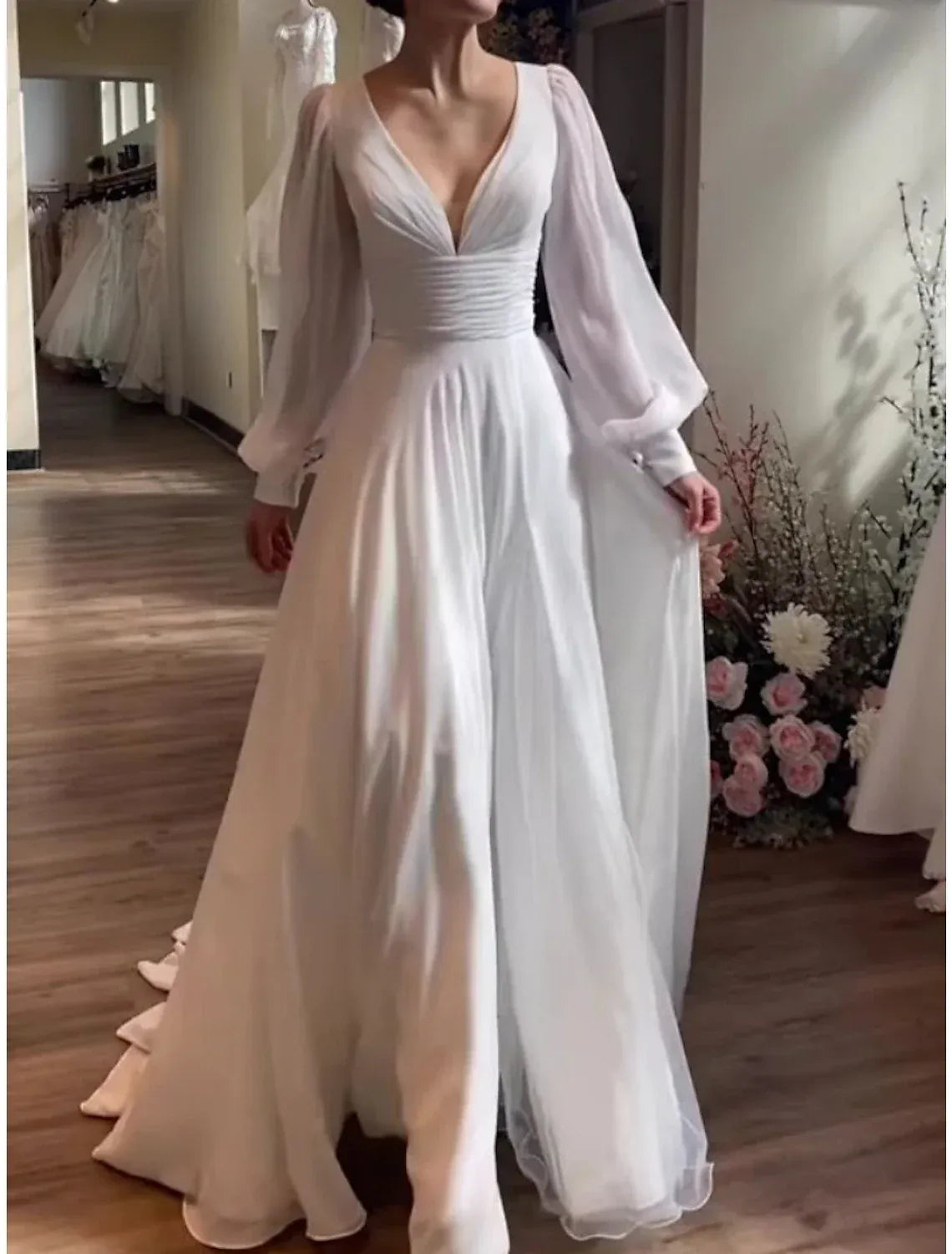 Romantic A-Line V Puff Long Sleeve Ruched Waist Chiffon Train Wedding Dress