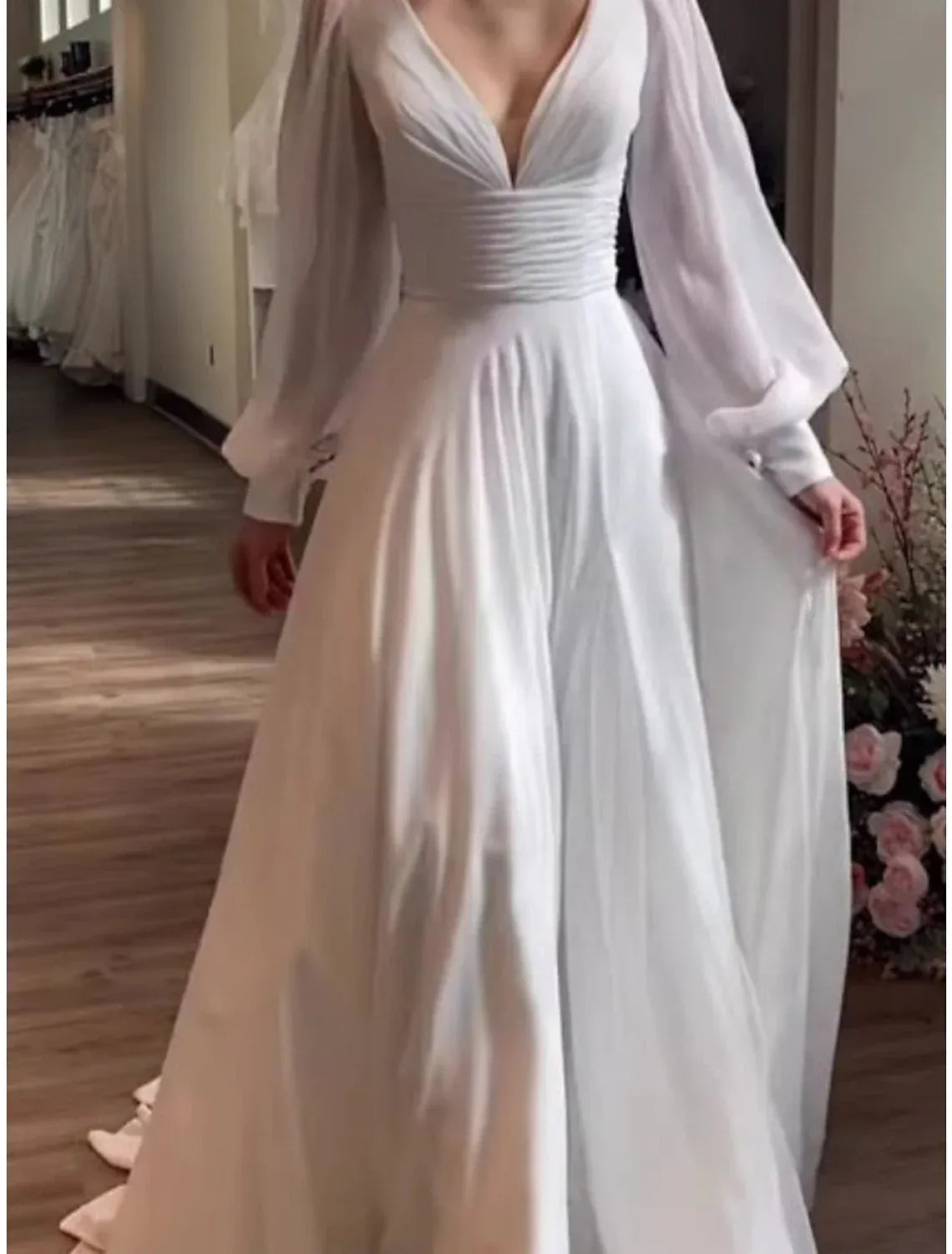 Romantic A-Line V Puff Long Sleeve Ruched Waist Chiffon Train Wedding Dress