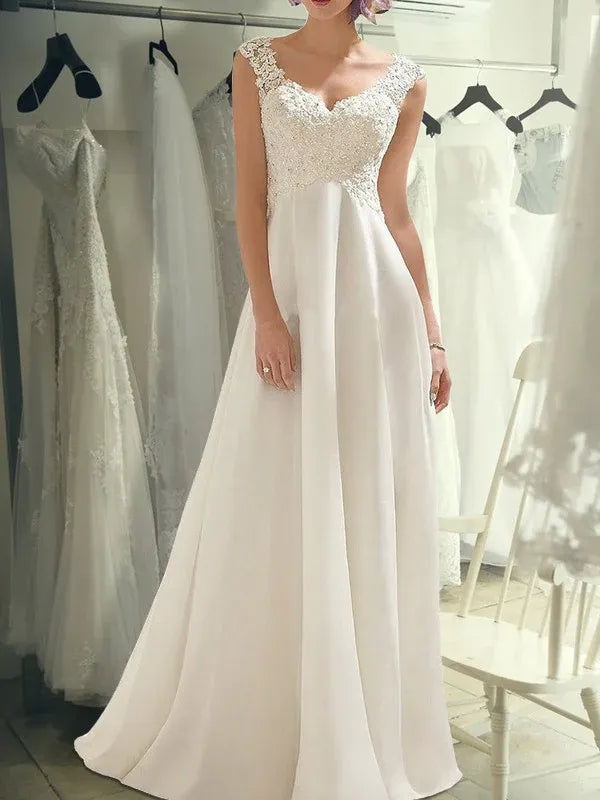 Romantic Cap Sleeve Beaded Lace Bodice Chiffon A-Line Wedding Dress With Cowl Deep V Back Soft Sweep Train