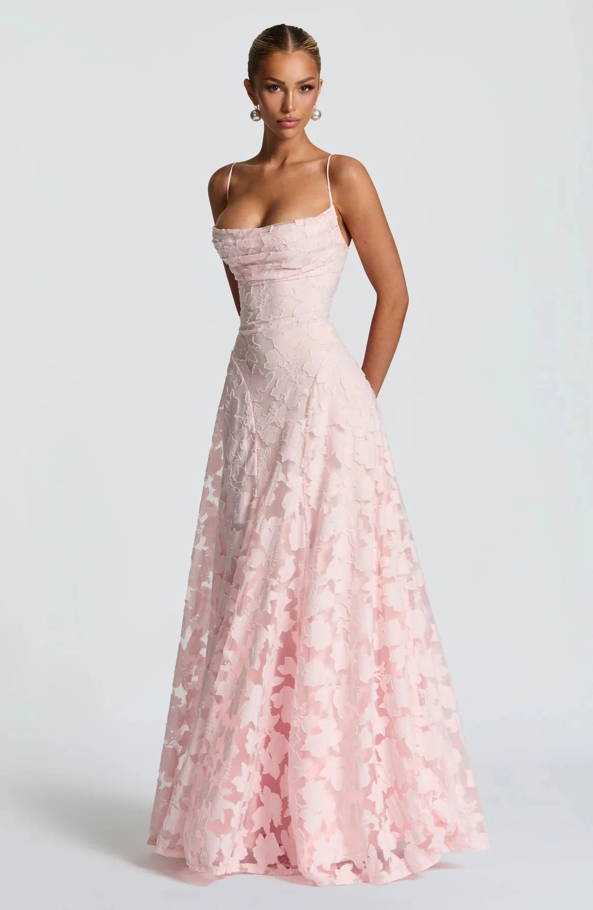 Romantic Floor-Length Square-Neck Lace-Up Floral Lace Wedding Guest Dress