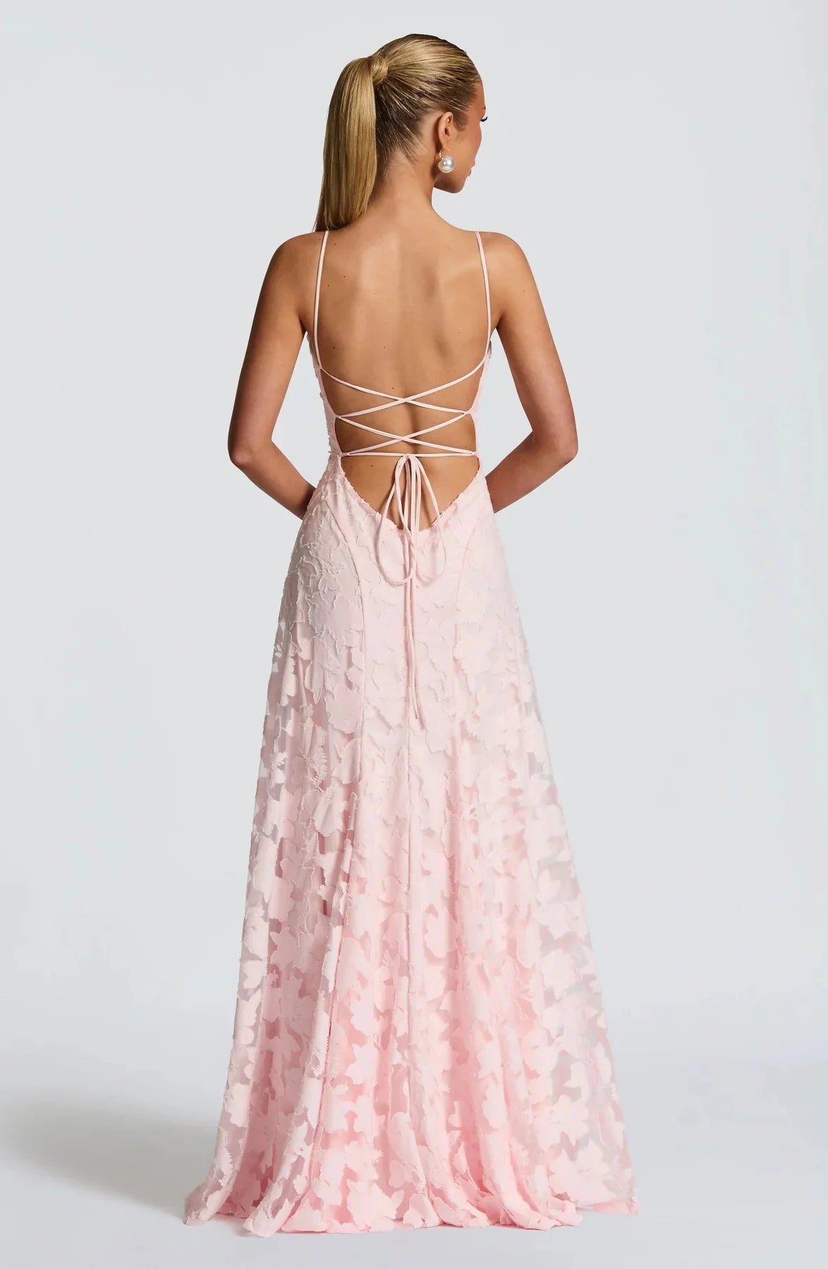 Romantic Floor-Length Square-Neck Lace-Up Floral Lace Wedding Guest Dress
