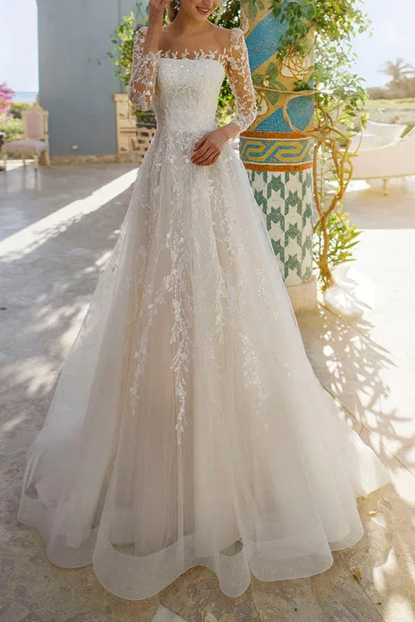 Romantic Illusion Square Neck Long Sleeve Lace A-Line Wedding Dress